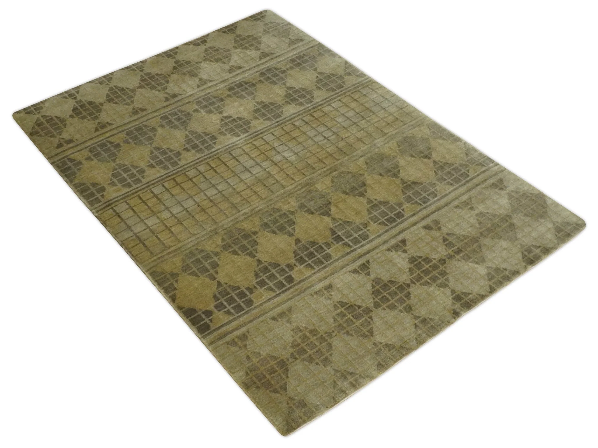 Modern Geometrical Olive, Charcoal and Silver Hand knotted 4.8x6.5 Bamboo Silk Area Rug - Image 10