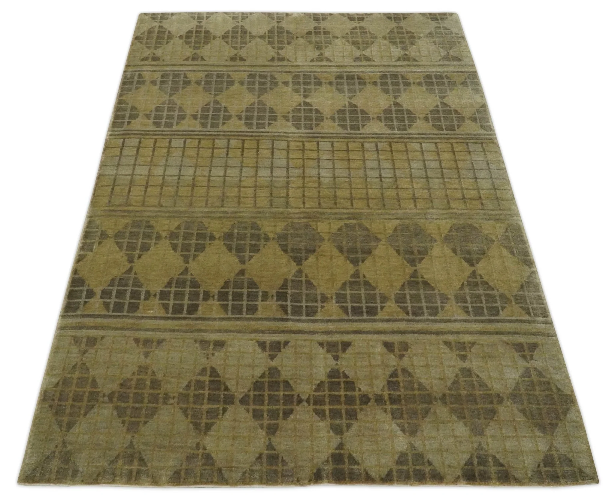 Modern Geometrical Olive, Charcoal and Silver Hand knotted 4.8x6.5 Bamboo Silk Area Rug - Image 11
