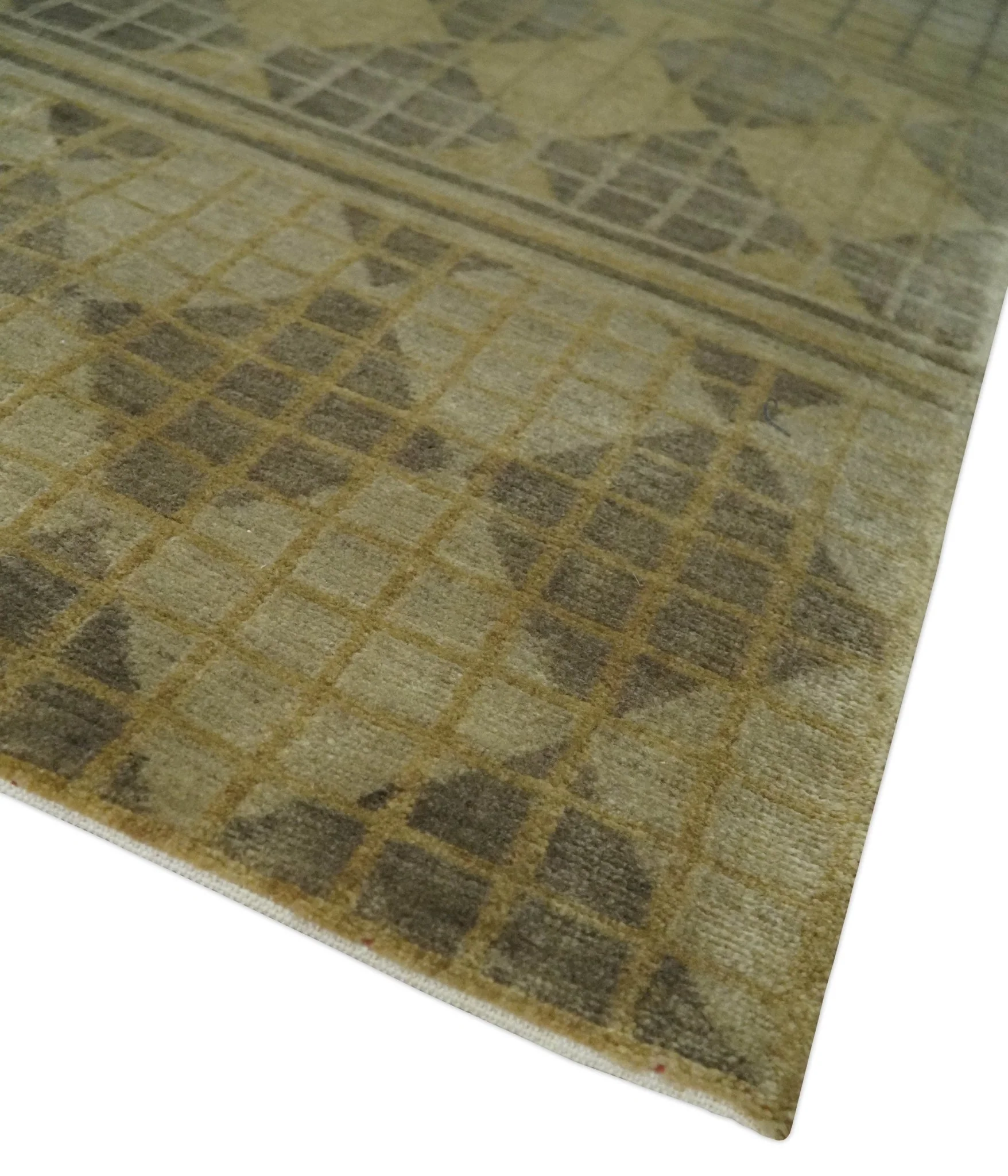 Modern Geometrical Olive, Charcoal and Silver Hand knotted 4.8x6.5 Bamboo Silk Area Rug - Image 6
