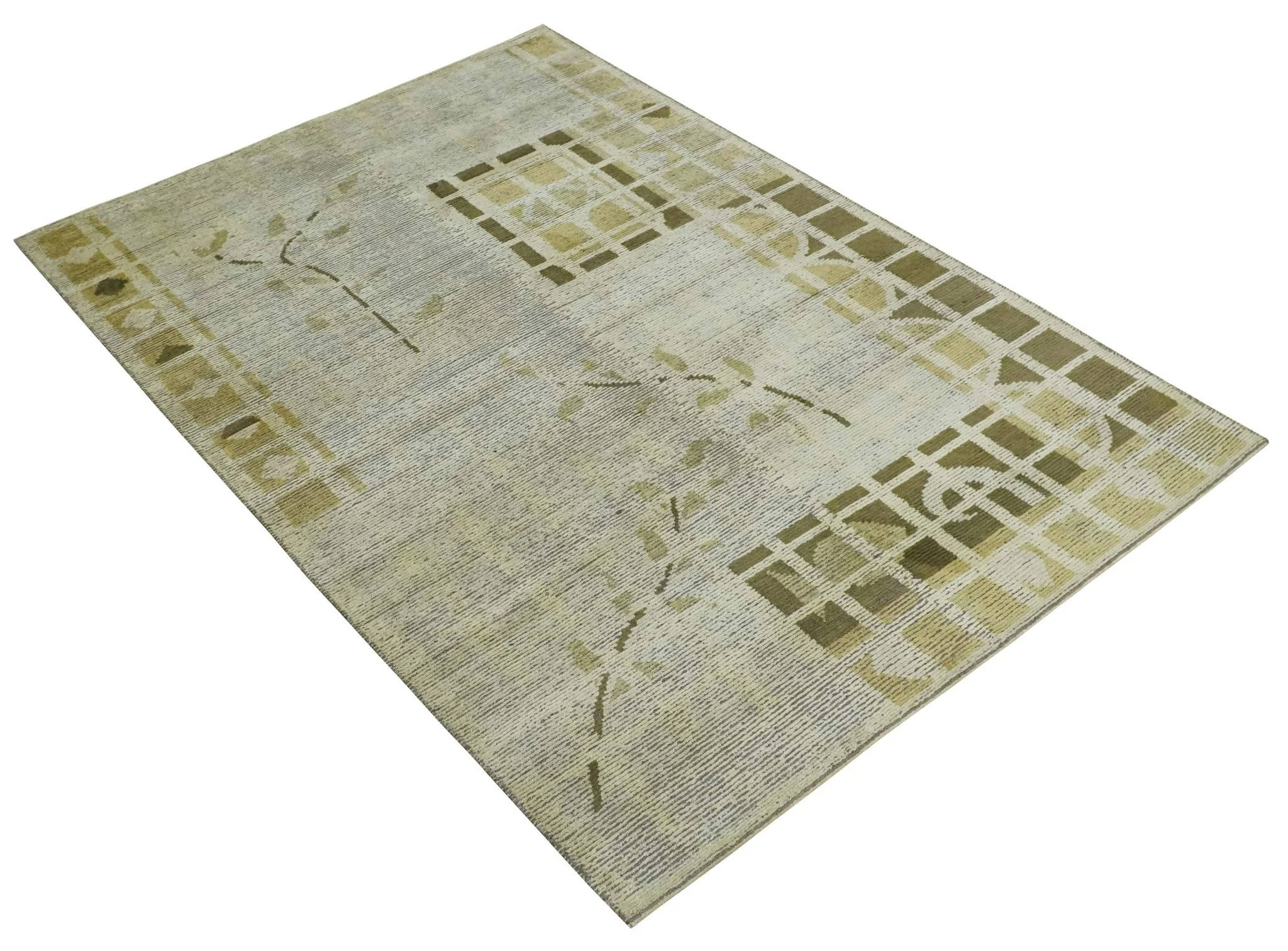 Modern Geometrical 4.6x6.6 Olive, Ivory and Charcoal Floral Hand Knotted Wool and Silk Area Rug - Image 10