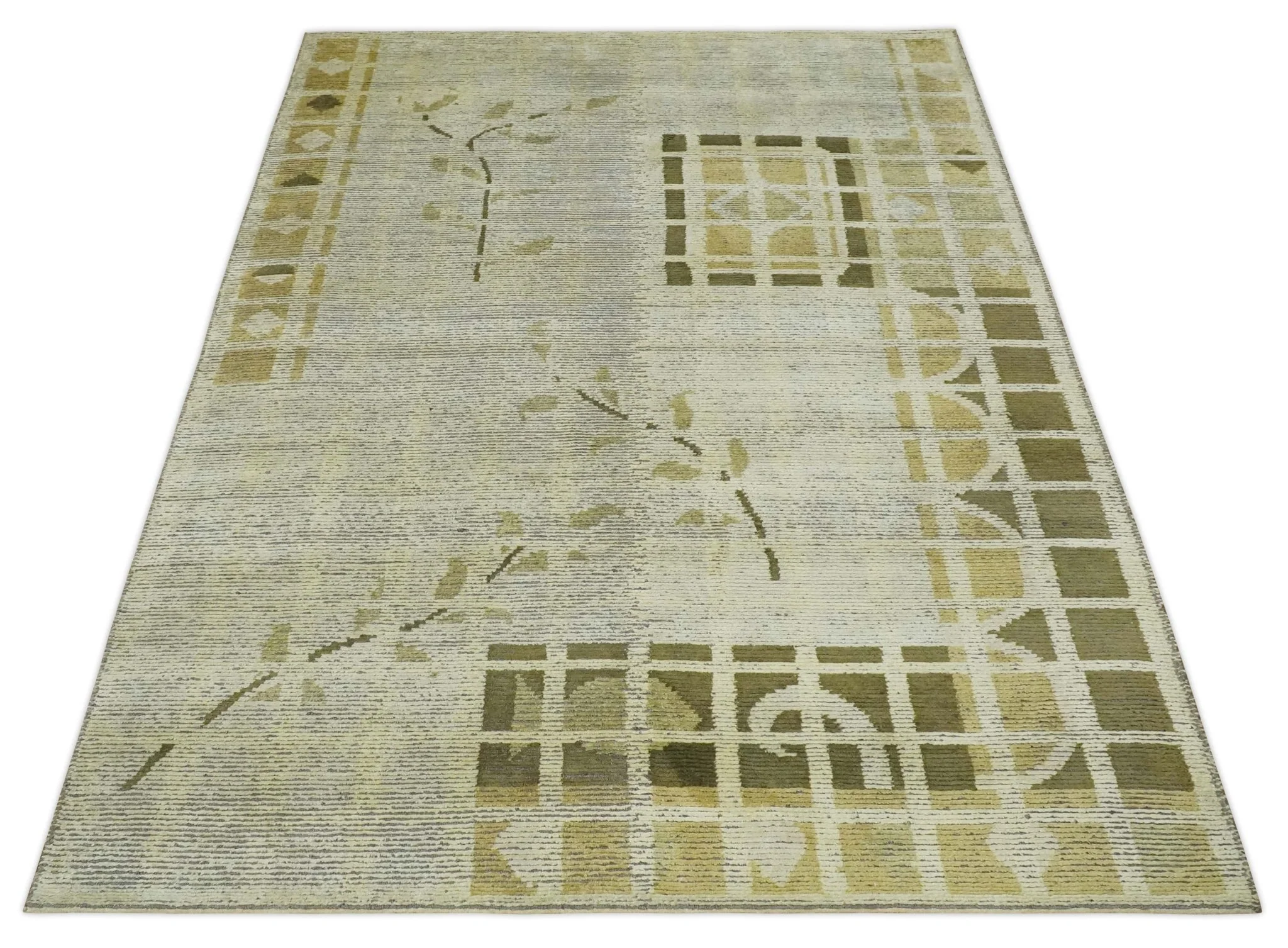 Modern Geometrical 4.6x6.6 Olive, Ivory and Charcoal Floral Hand Knotted Wool and Silk Area Rug - Image 11
