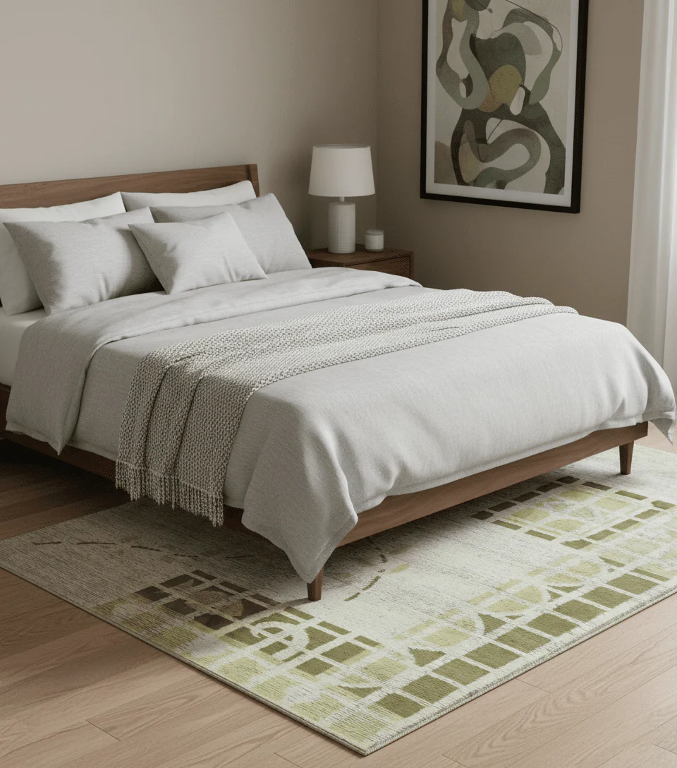 Modern Geometrical 4.6x6.6 Olive, Ivory and Charcoal Floral Hand Knotted Wool and Silk Area Rug - Image 2