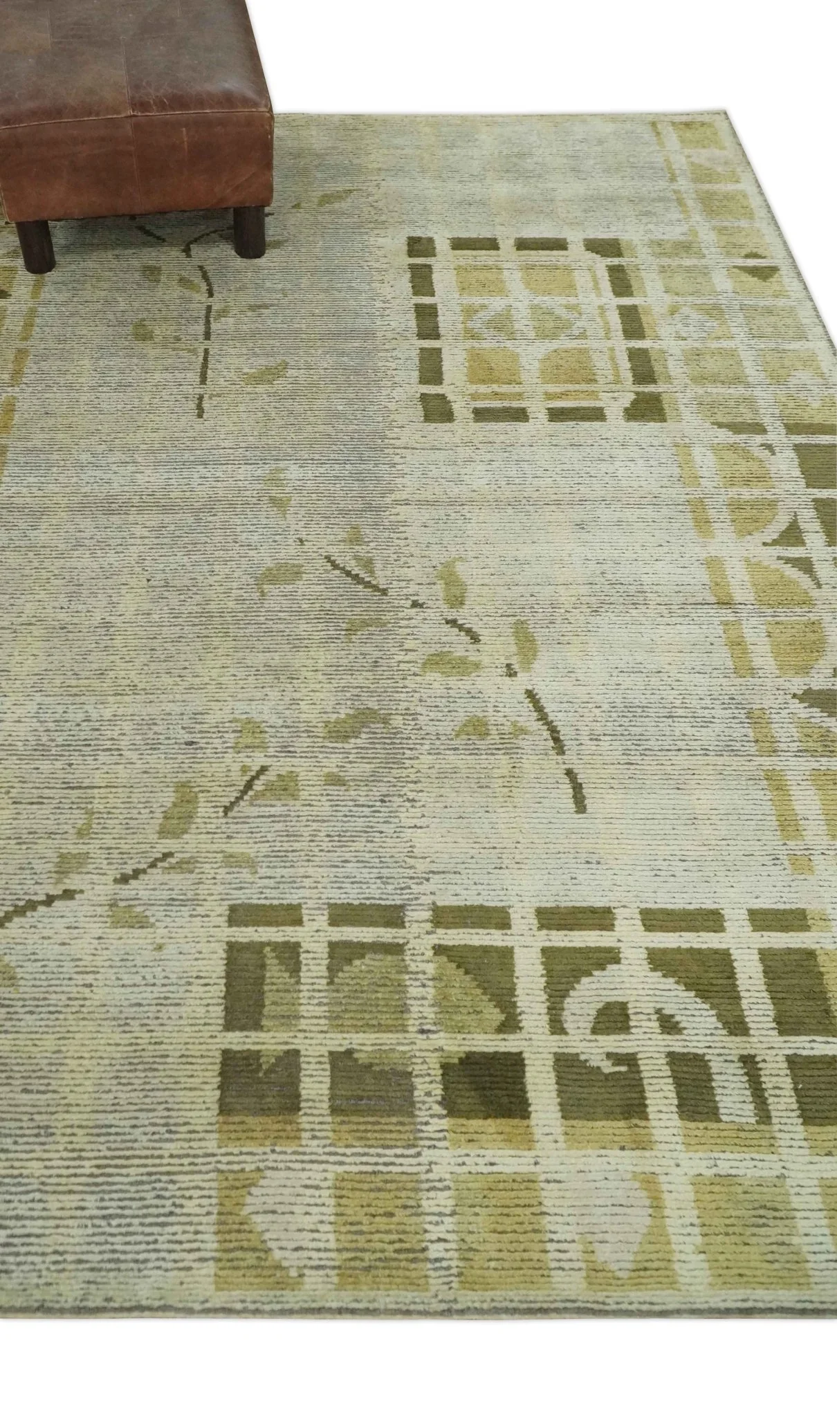 Modern Geometrical 4.6x6.6 Olive, Ivory and Charcoal Floral Hand Knotted Wool and Silk Area Rug - Image 3