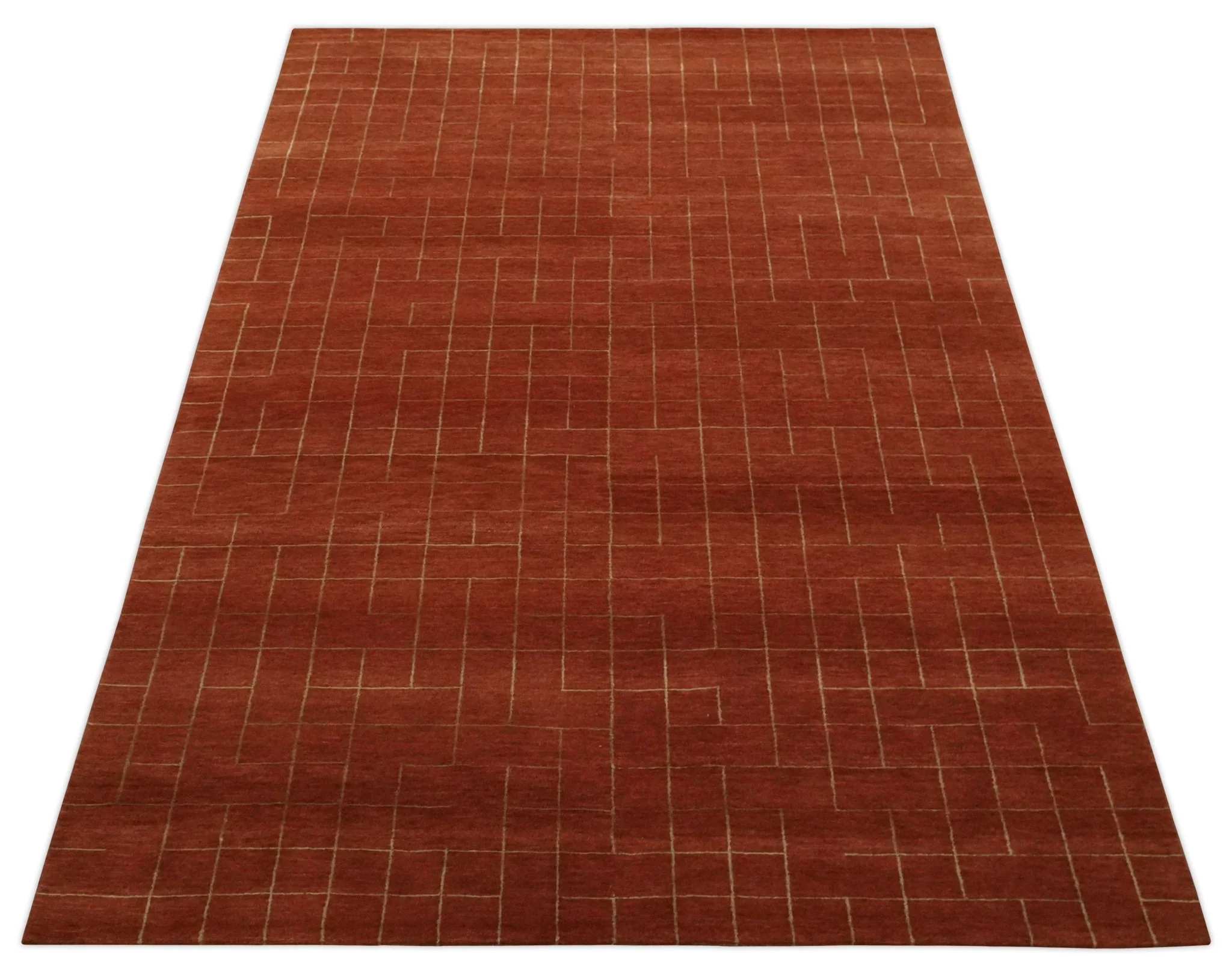 Modern Geometrical Rust and Gold 6x9 Hand loom Wool and Art Silk Area Rug - Image 10