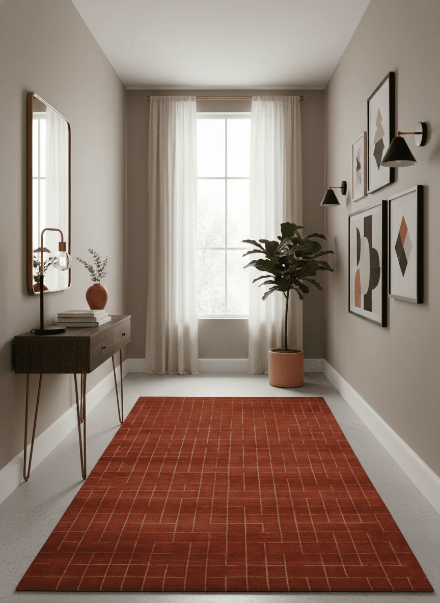 Modern Geometrical Rust and Gold 6x9 Hand loom Wool and Art Silk Area Rug - Image 2