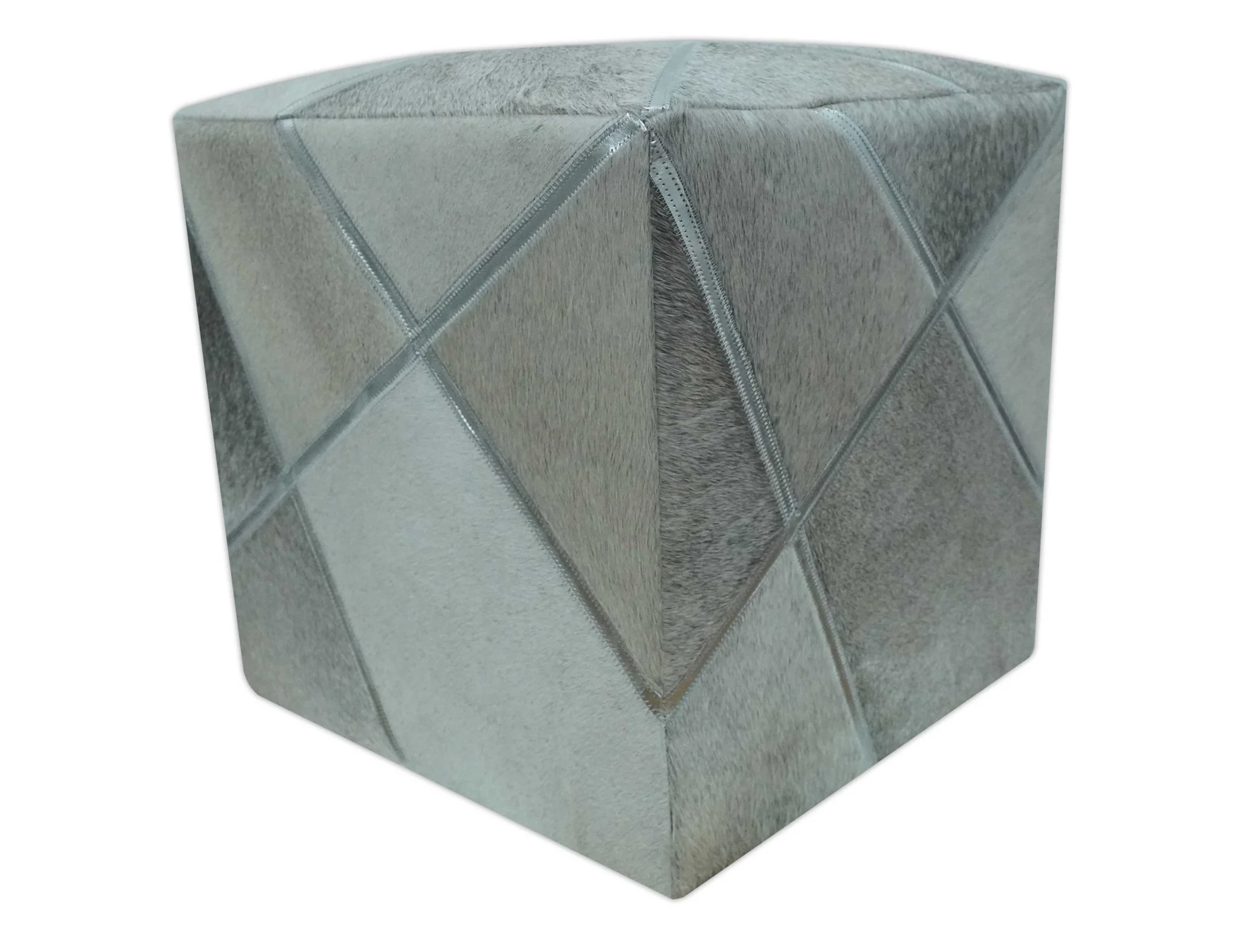 Modern Geometrical Shades of Gray and Ivory Genuine Leather Pouf - Image 2