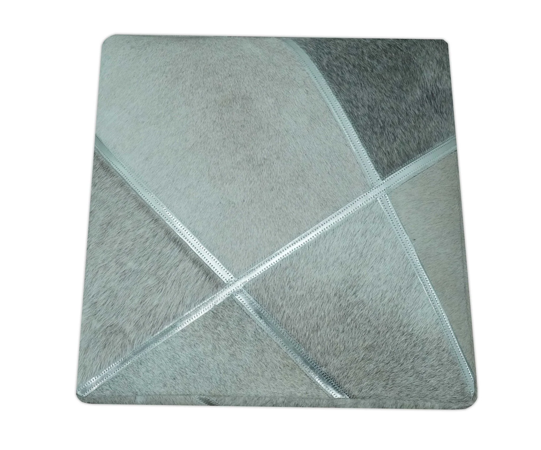 Modern Geometrical Shades of Gray and Ivory Genuine Leather Pouf - Image 3