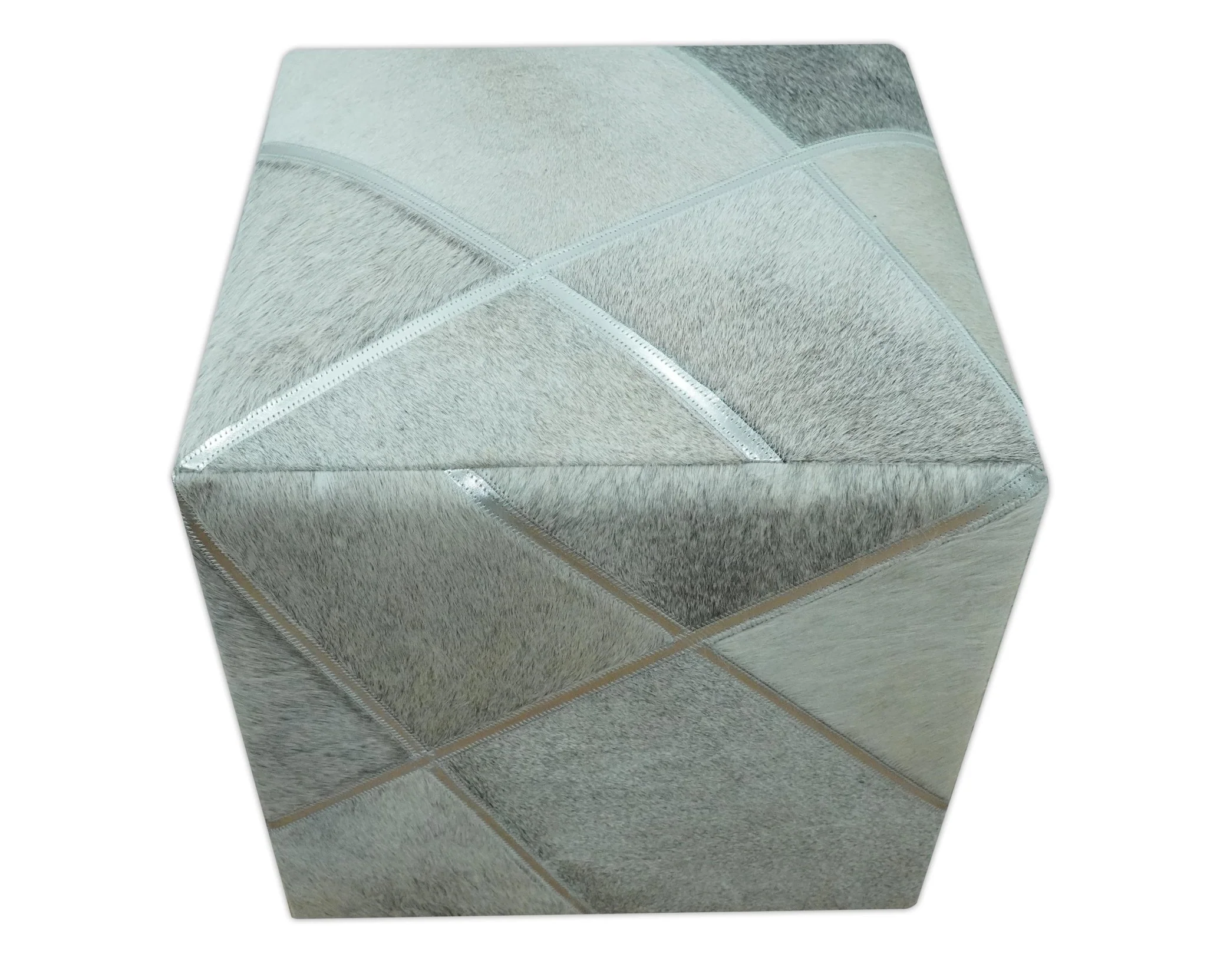 Modern Geometrical Shades of Gray and Ivory Genuine Leather Pouf - Image 4