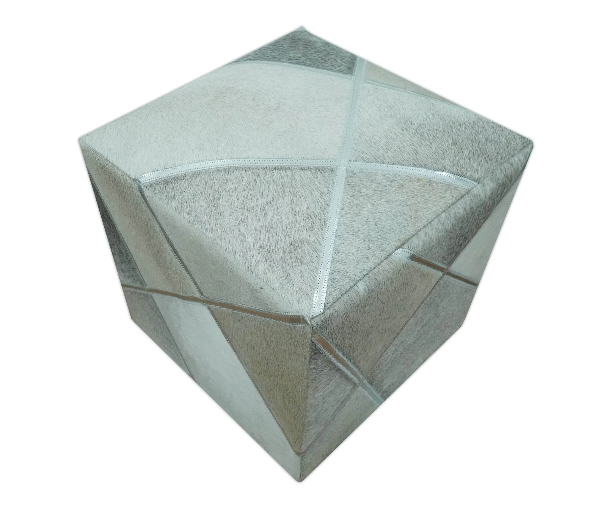 Modern Geometrical Shades of Gray and Ivory Genuine Leather Pouf - Image 5