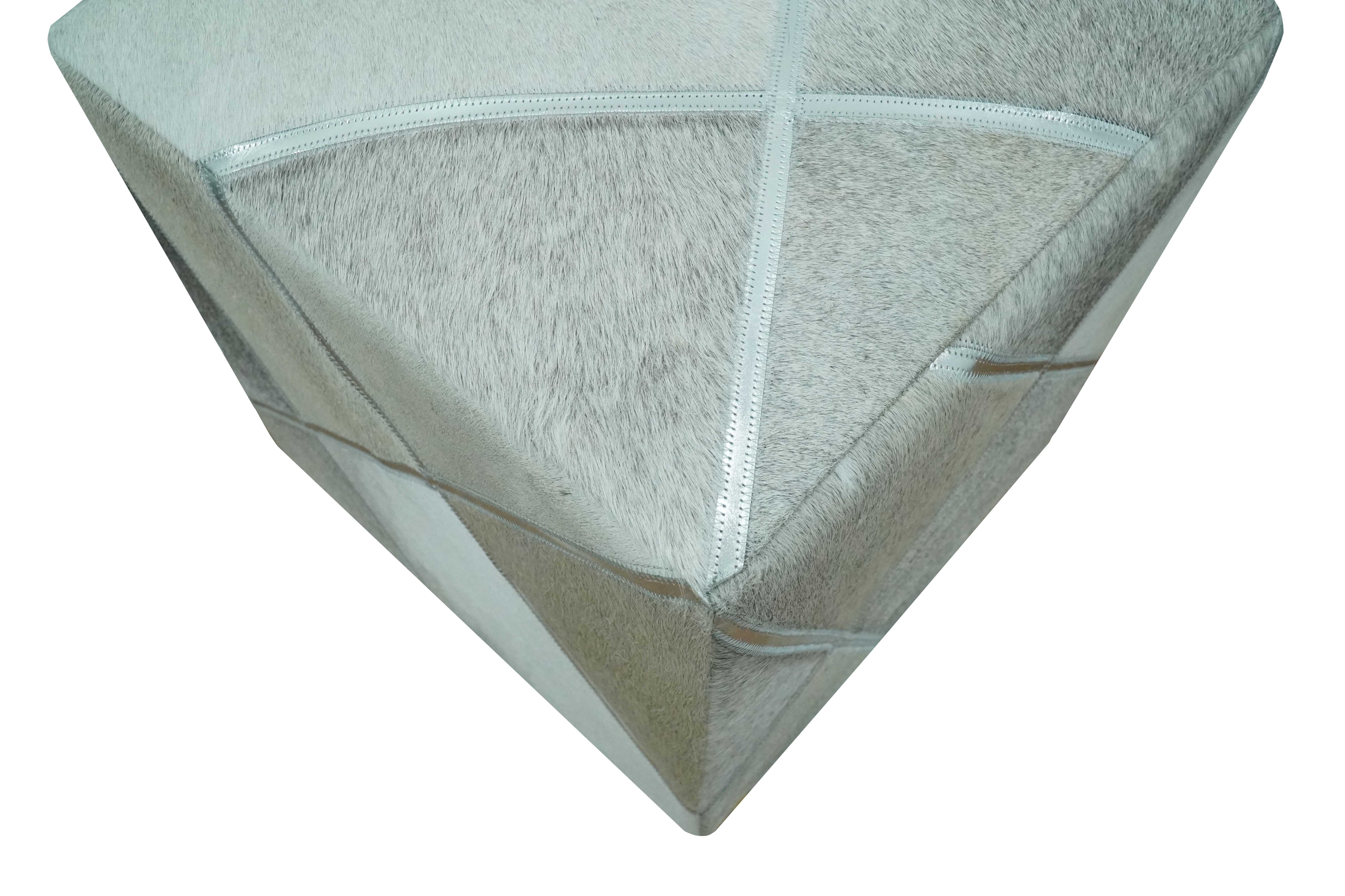 Modern Geometrical Shades of Gray and Ivory Genuine Leather Pouf - Image 7