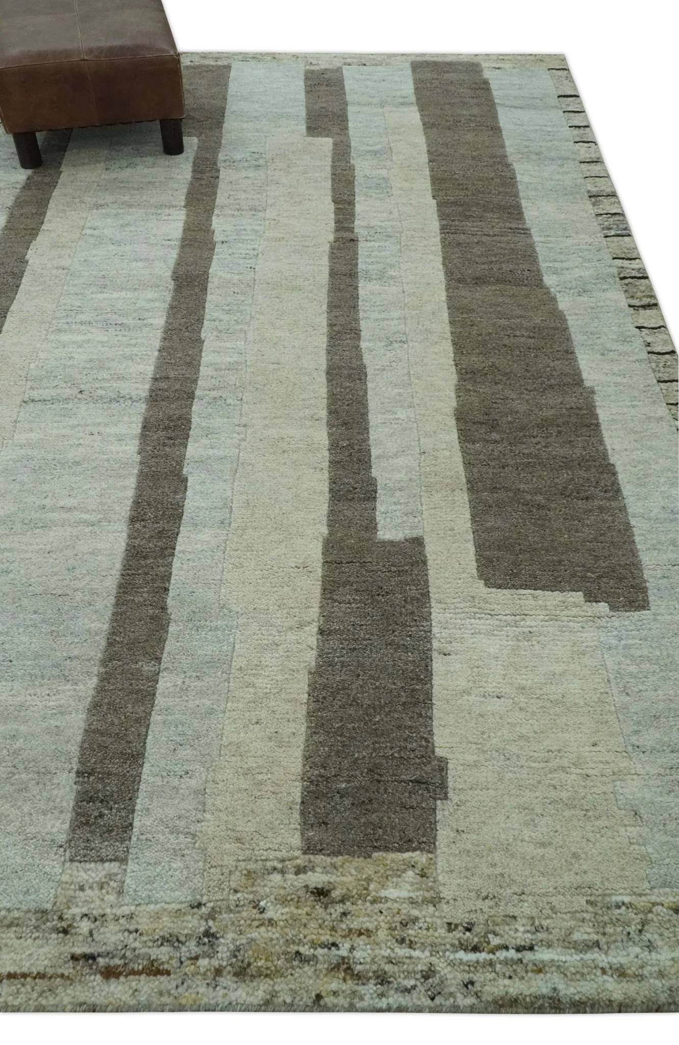 Custom Made Modern Geometrical Silver, Ivory and Charcoal Hand Knotted Wool area Rug - Image 4
