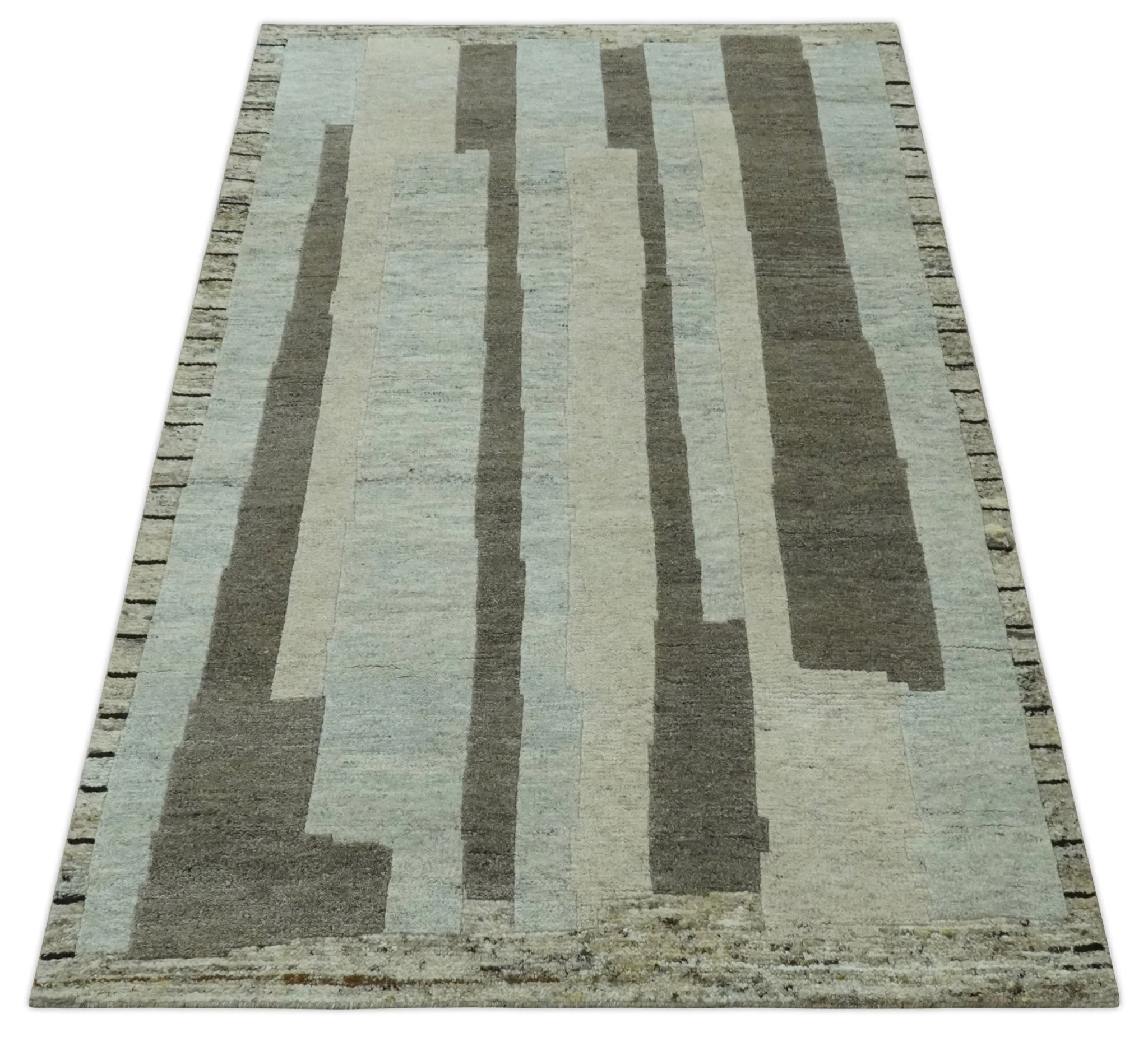 Modern Geometrical Silver, Ivory and Charcoal Hand Knotted 5x8 wool area Rug - Image 11