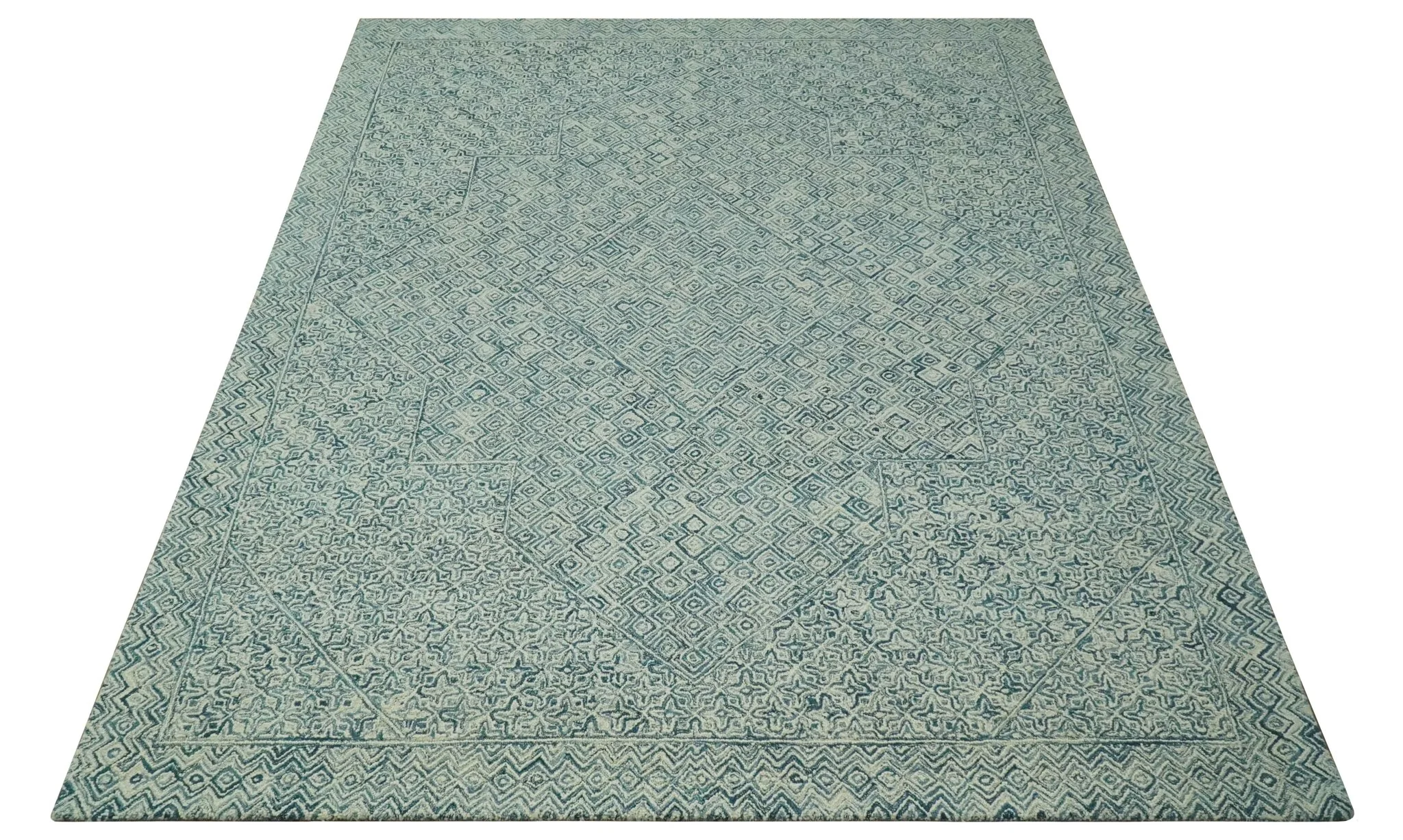 Modern Geometrical Teal and Ivory Hand Tufted Custom Made wool area rug - Image 10