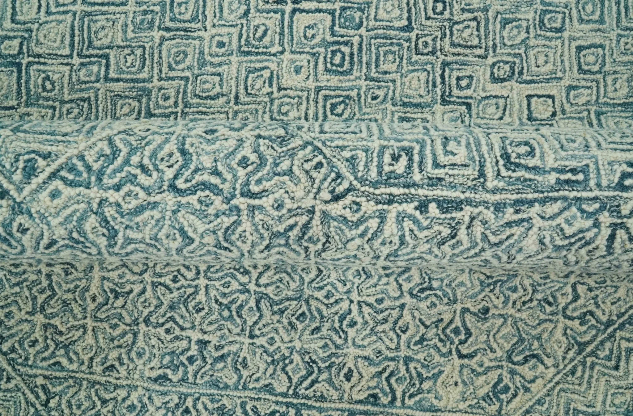 Modern Geometrical Teal and Ivory Hand Tufted Custom Made wool area rug - Image 6