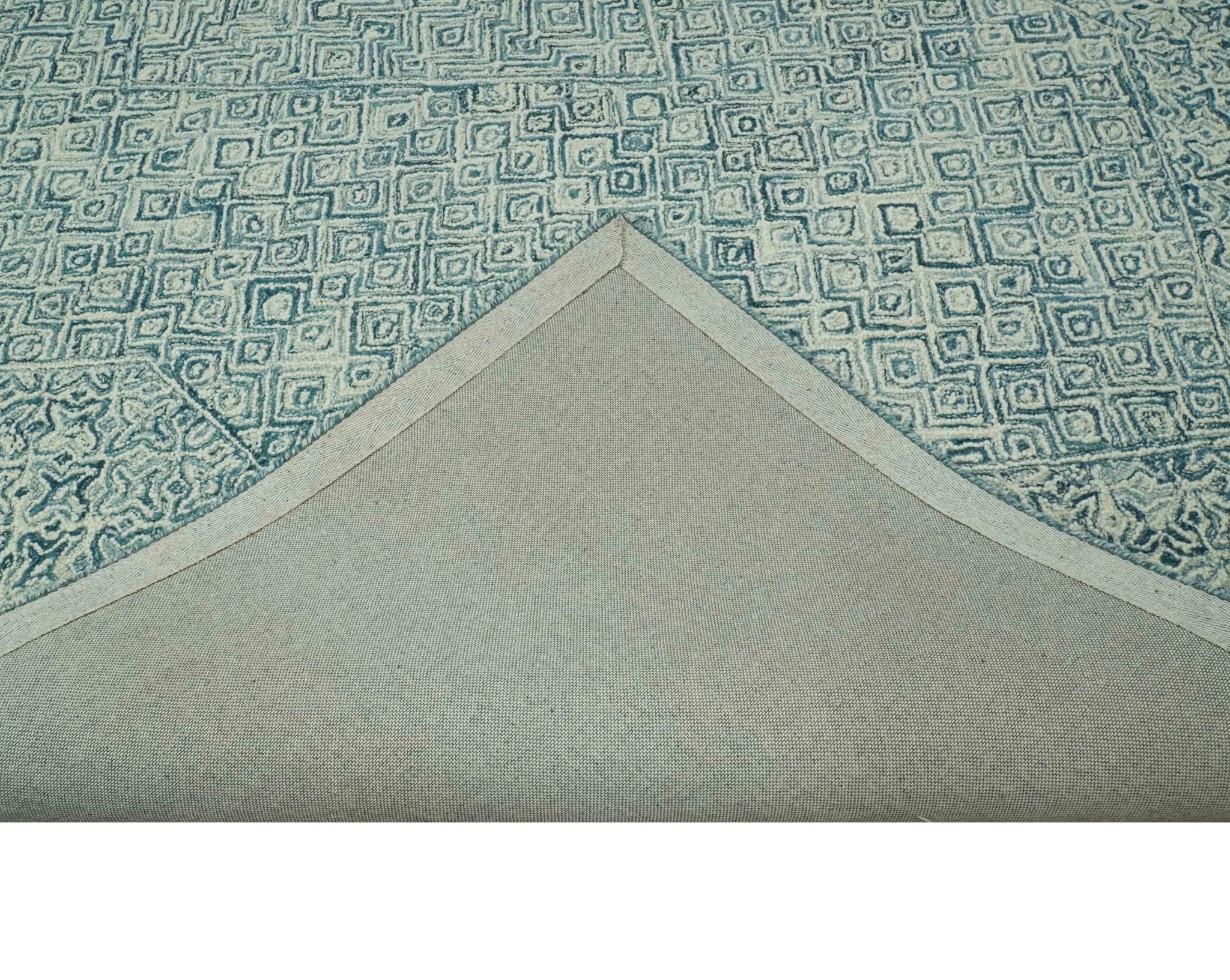 Modern Geometrical Teal and Ivory Hand Tufted Custom Made wool area rug - Image 7