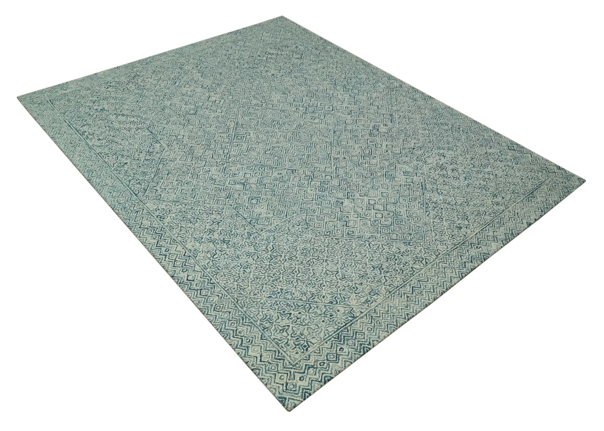 Modern Geometrical Teal and Ivory Hand Tufted Custom Made wool area rug - Image 9