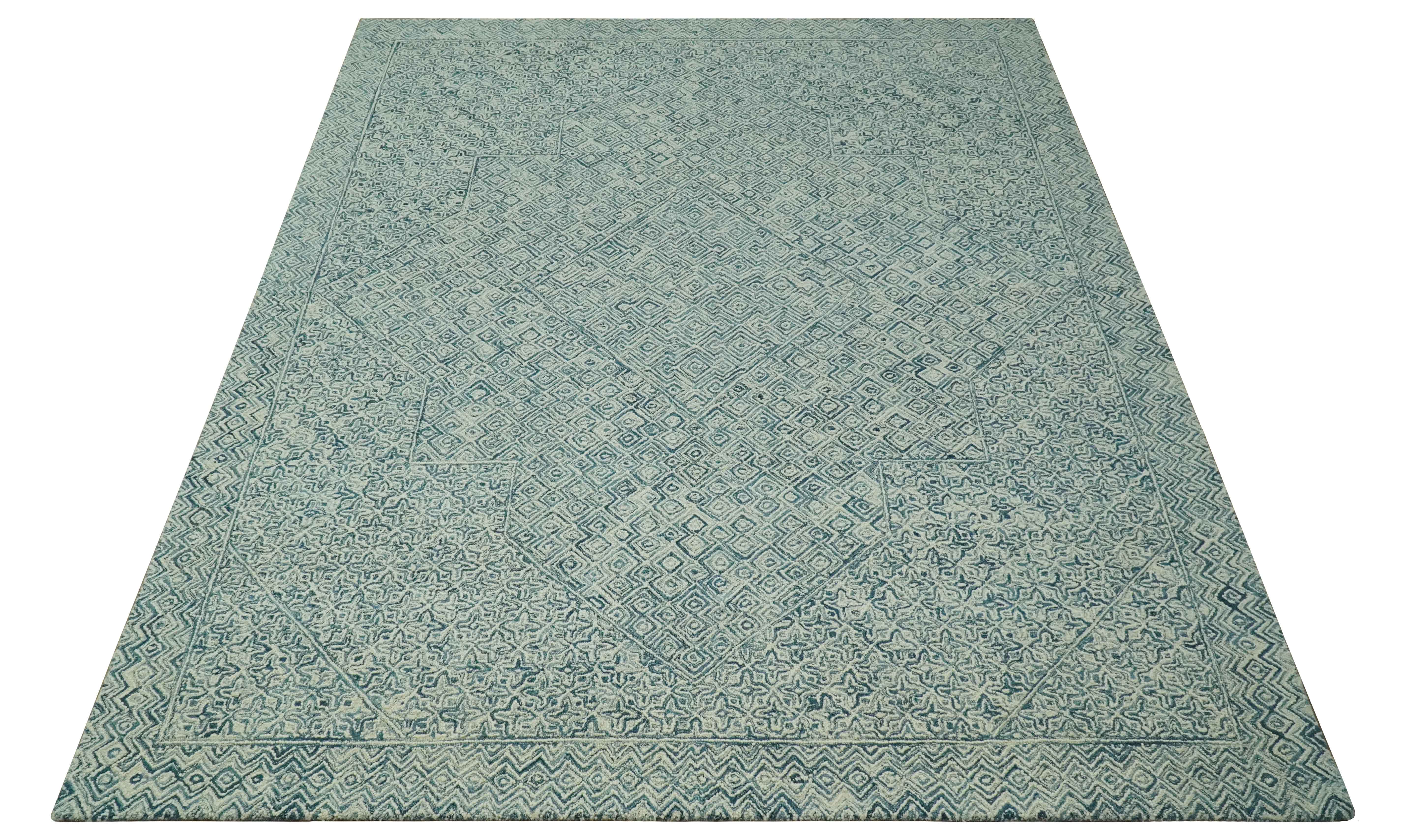 Modern Geometrical 8x10 Teal and Ivory Hand Tufted wool area rug - Image 10