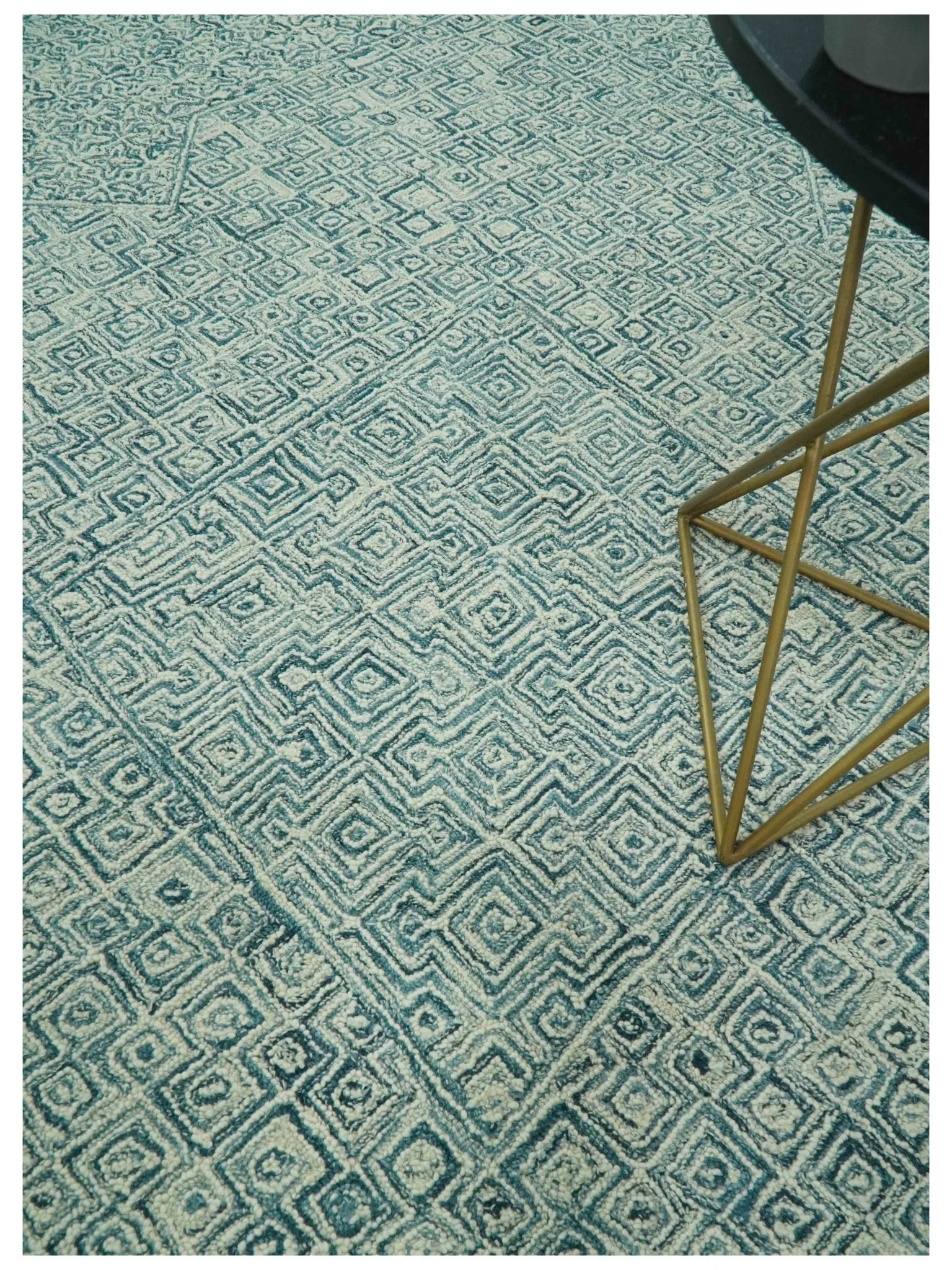Modern Geometrical 8x10 Teal and Ivory Hand Tufted wool area rug - Image 2