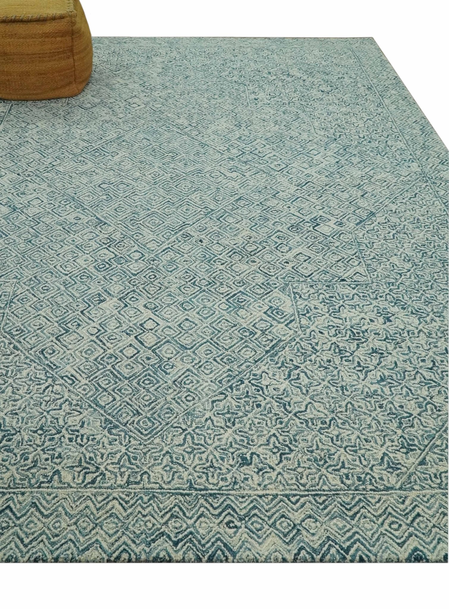 Modern Geometrical 8x10 Teal and Ivory Hand Tufted wool area rug - Image 3