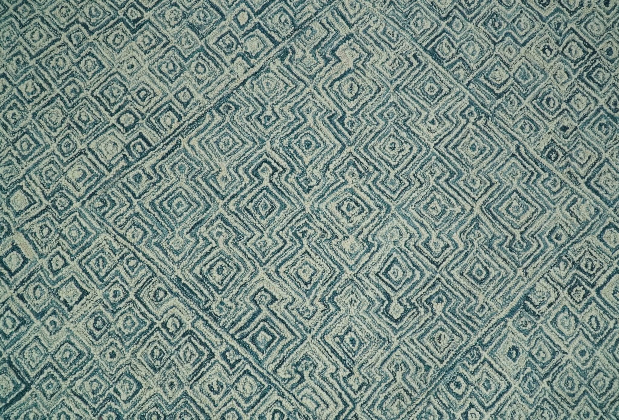 Modern Geometrical 8x10 Teal and Ivory Hand Tufted wool area rug - Image 4