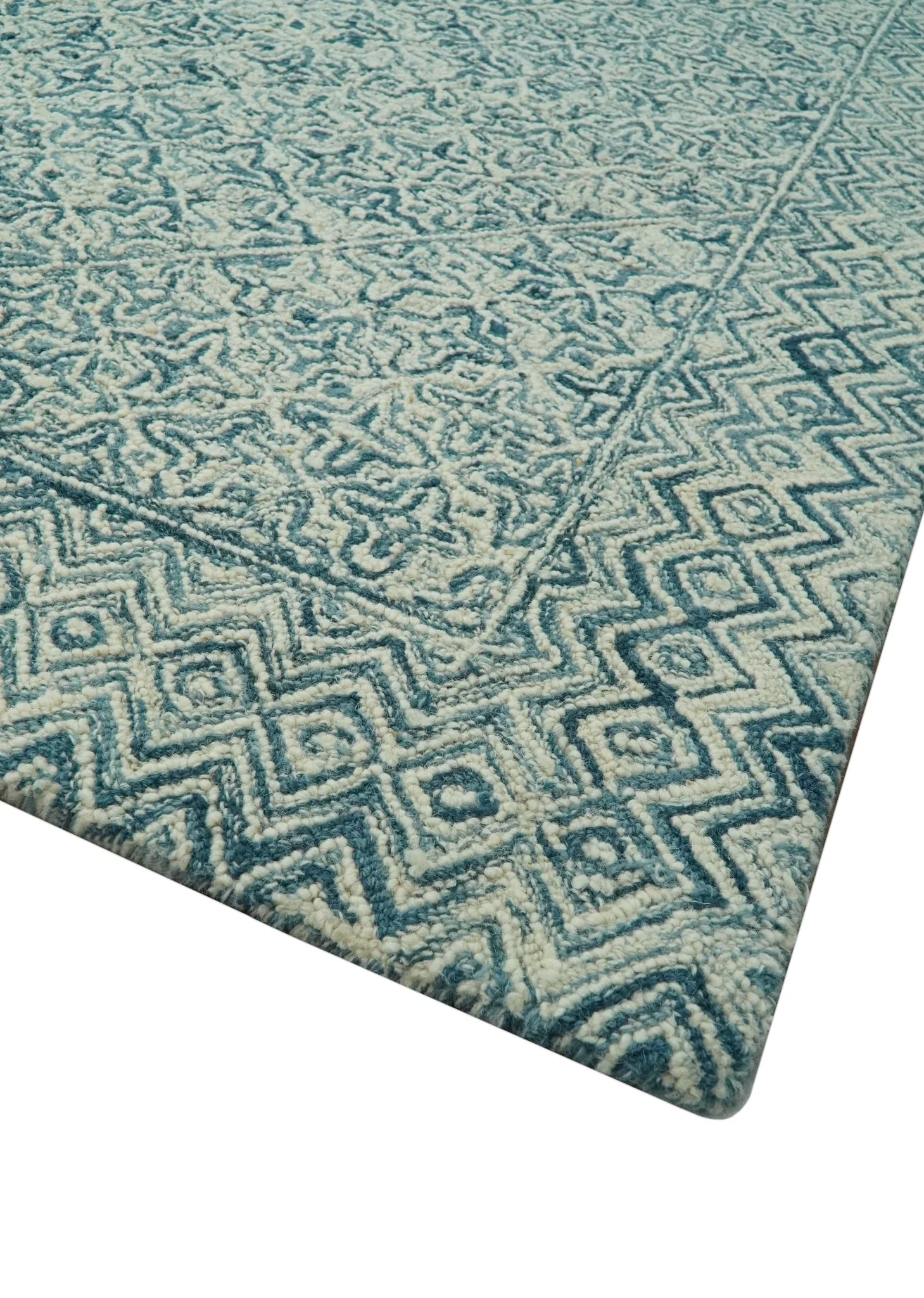 Modern Geometrical 8x10 Teal and Ivory Hand Tufted wool area rug - Image 5