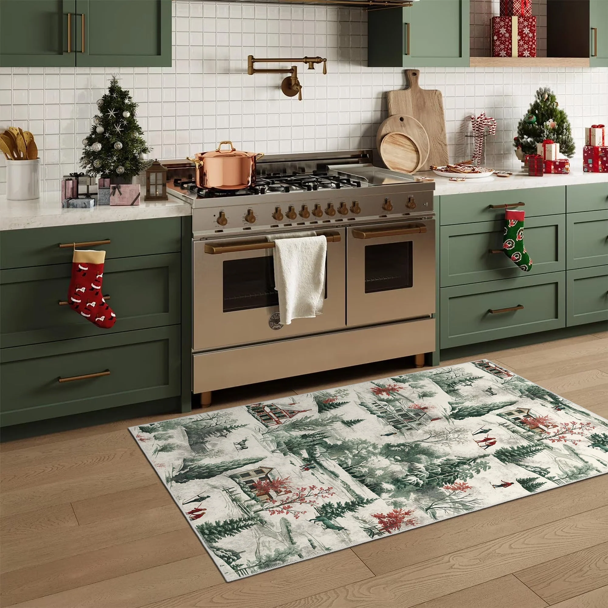 Glowmas Christmas Green Machine Washable Cotton Area Rug - Image 2