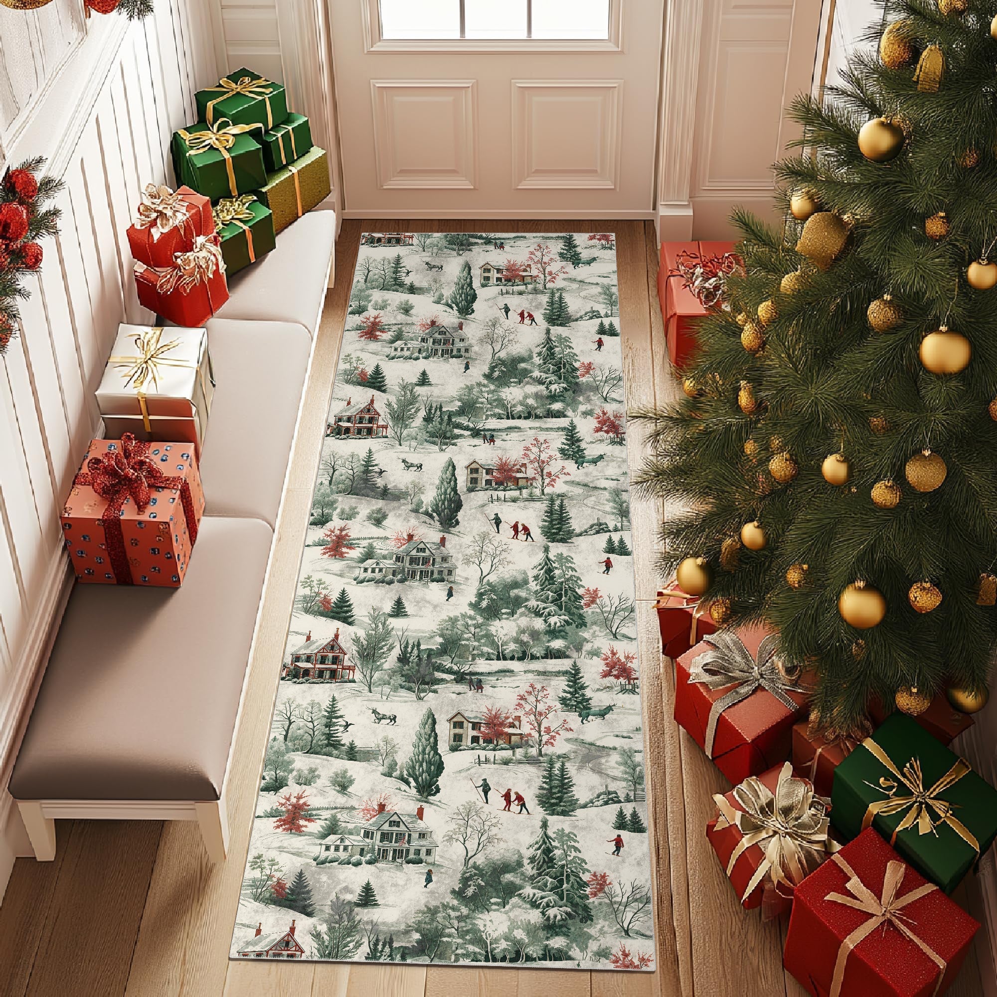 Glowmas Christmas Green Machine Washable Cotton Area Rug - Image 4