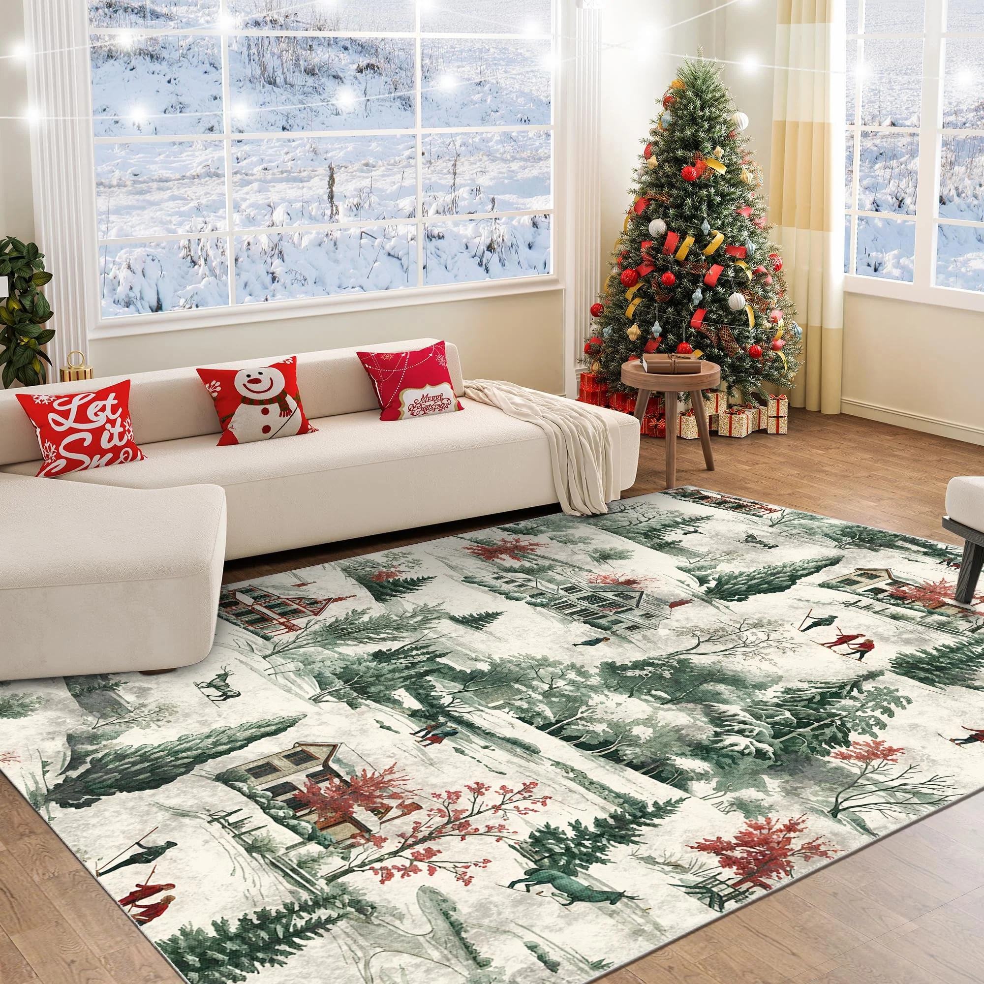 Glowmas Christmas Green Machine Washable Cotton Area Rug - Image 5