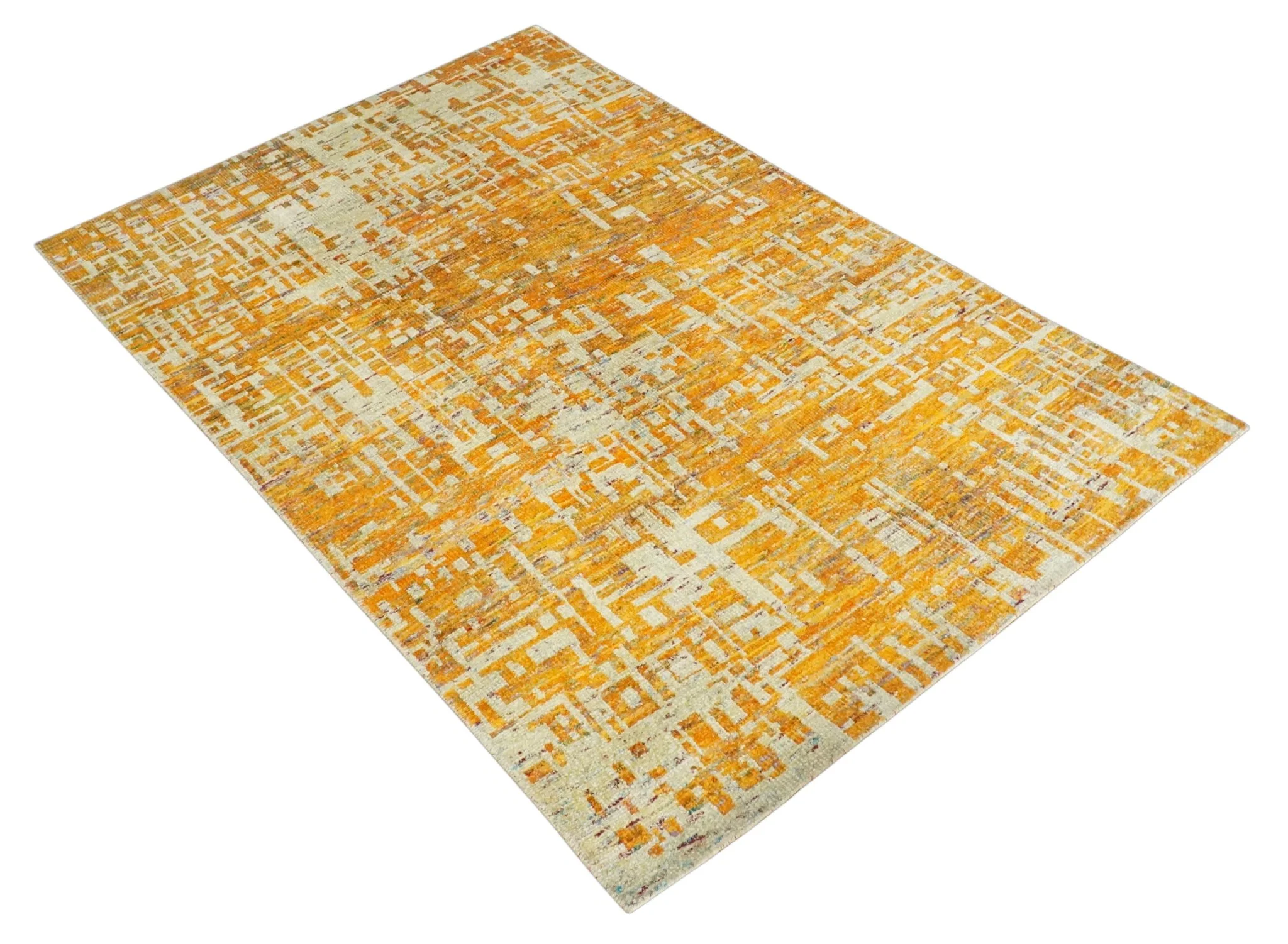 6x9 Gold and Ivory Modern Abstract Recycled wool Area Rug - Image 9