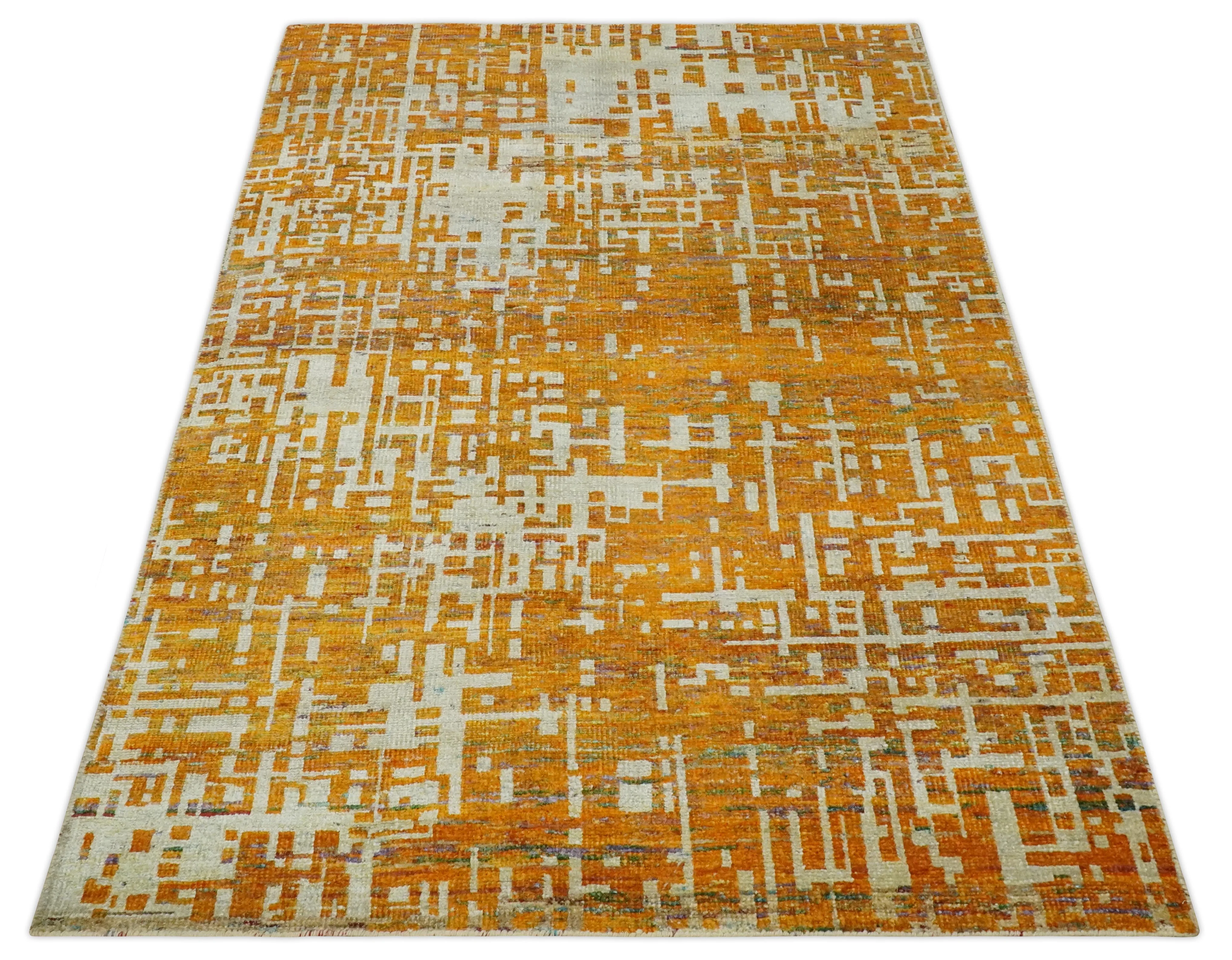 6x9 Gold, Ivory and rust Modern Abstract Recycled Silk Area Rug - Image 10
