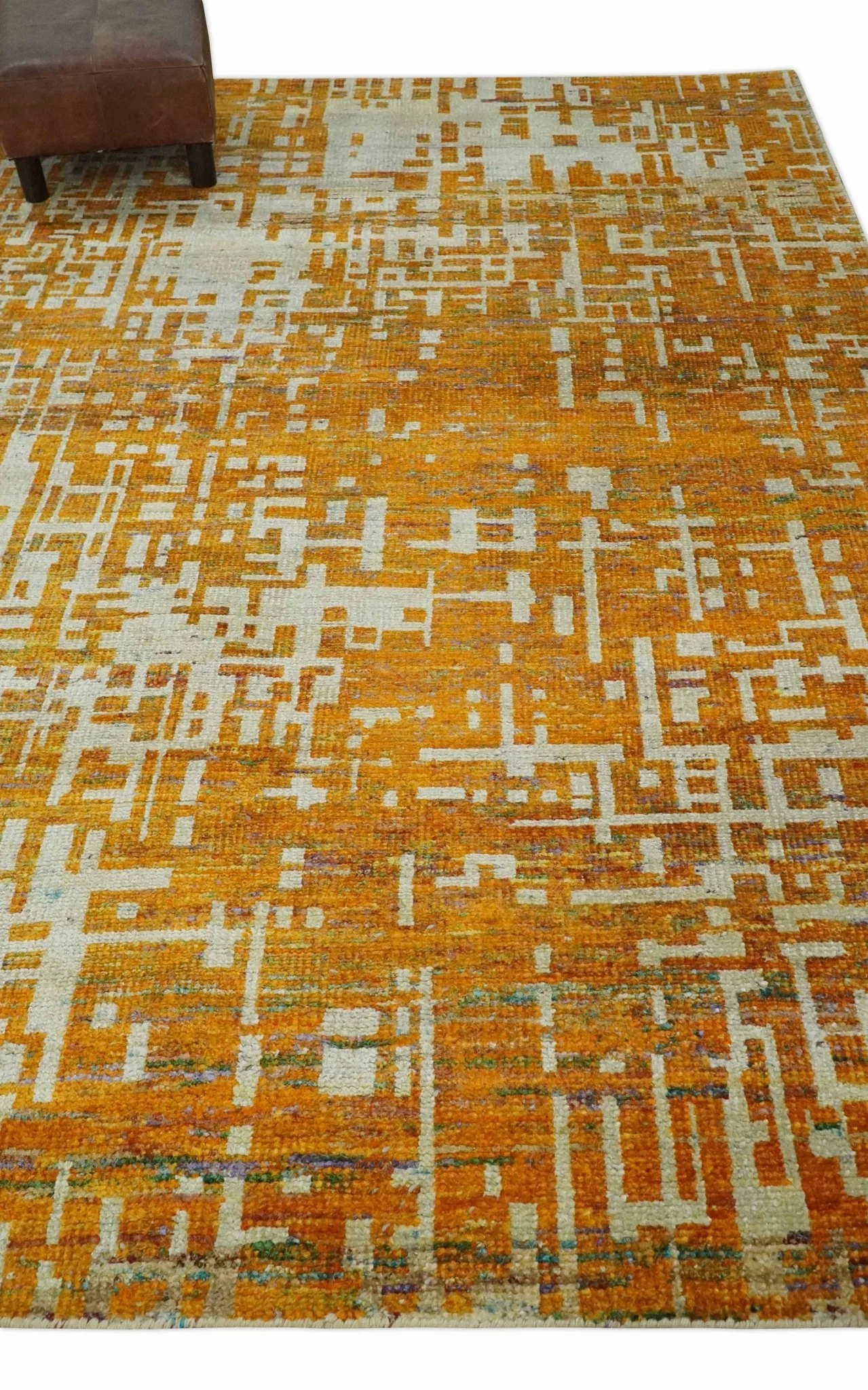 6x9 Gold, Ivory and rust Modern Abstract Recycled Silk Area Rug - Image 3