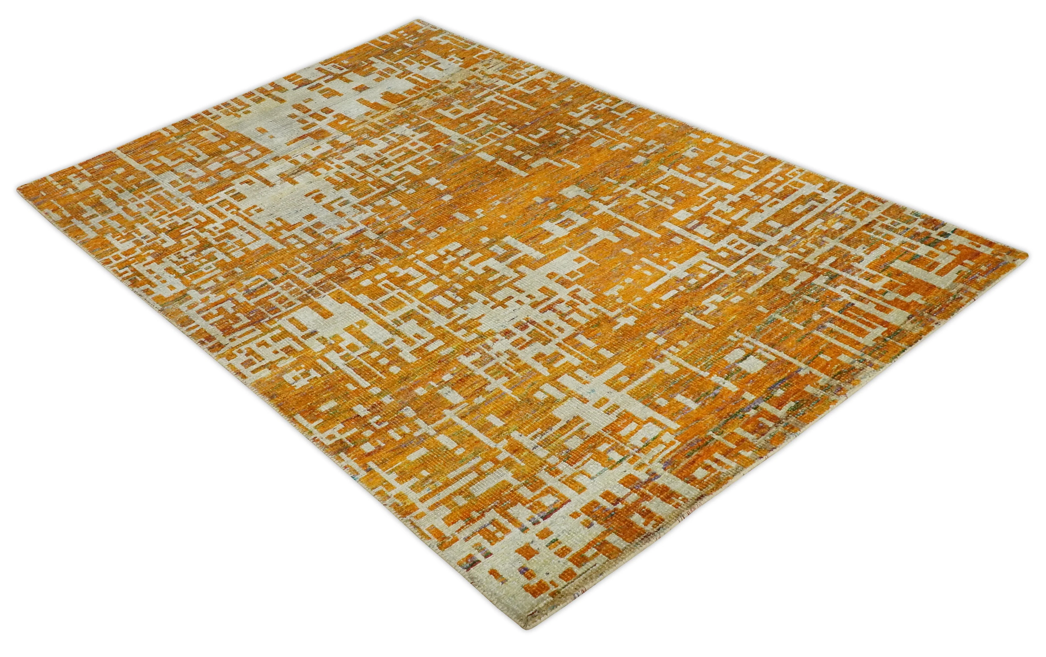 6x9 Gold, Ivory and rust Modern Abstract Recycled Silk Area Rug - Image 9