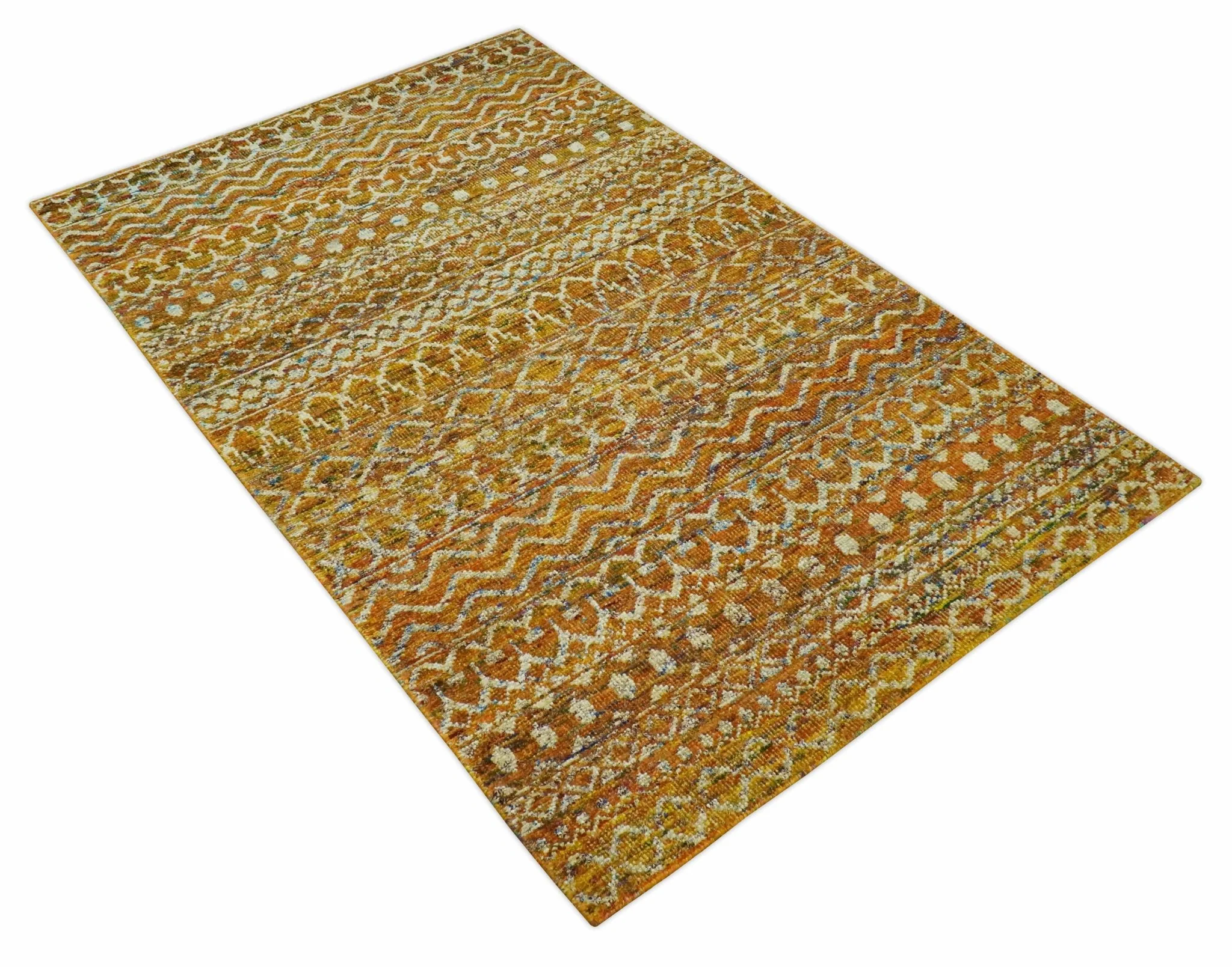 5.6x8.6 Hand Knotted Gold, Ivory and Rust Southwestern Tribal Trellis wool Area Rug - Image 9