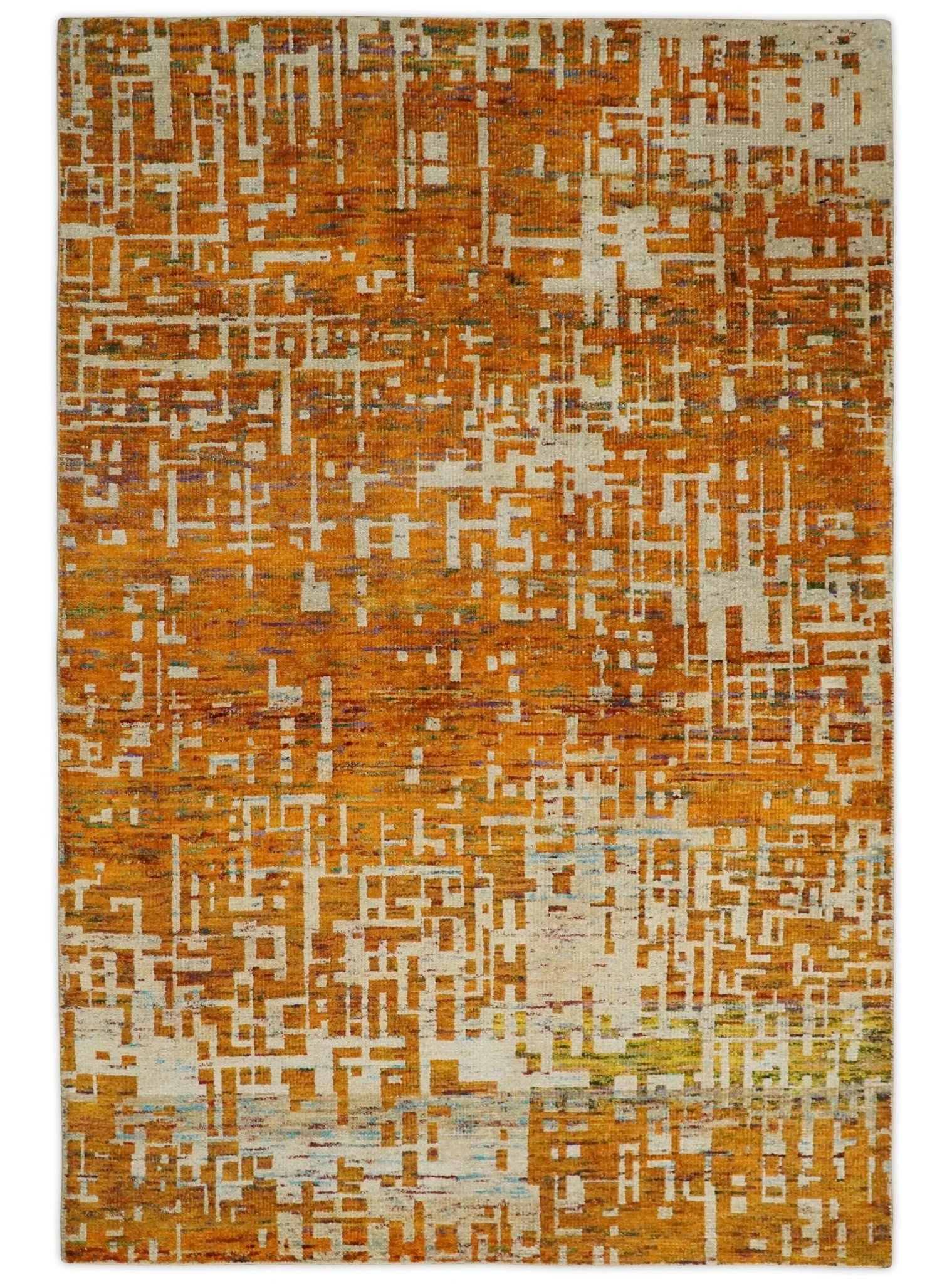 5x8 and 6x9 Gold, Rust and Ivory Modern Abstract Recycled Silk Rug - Image 10