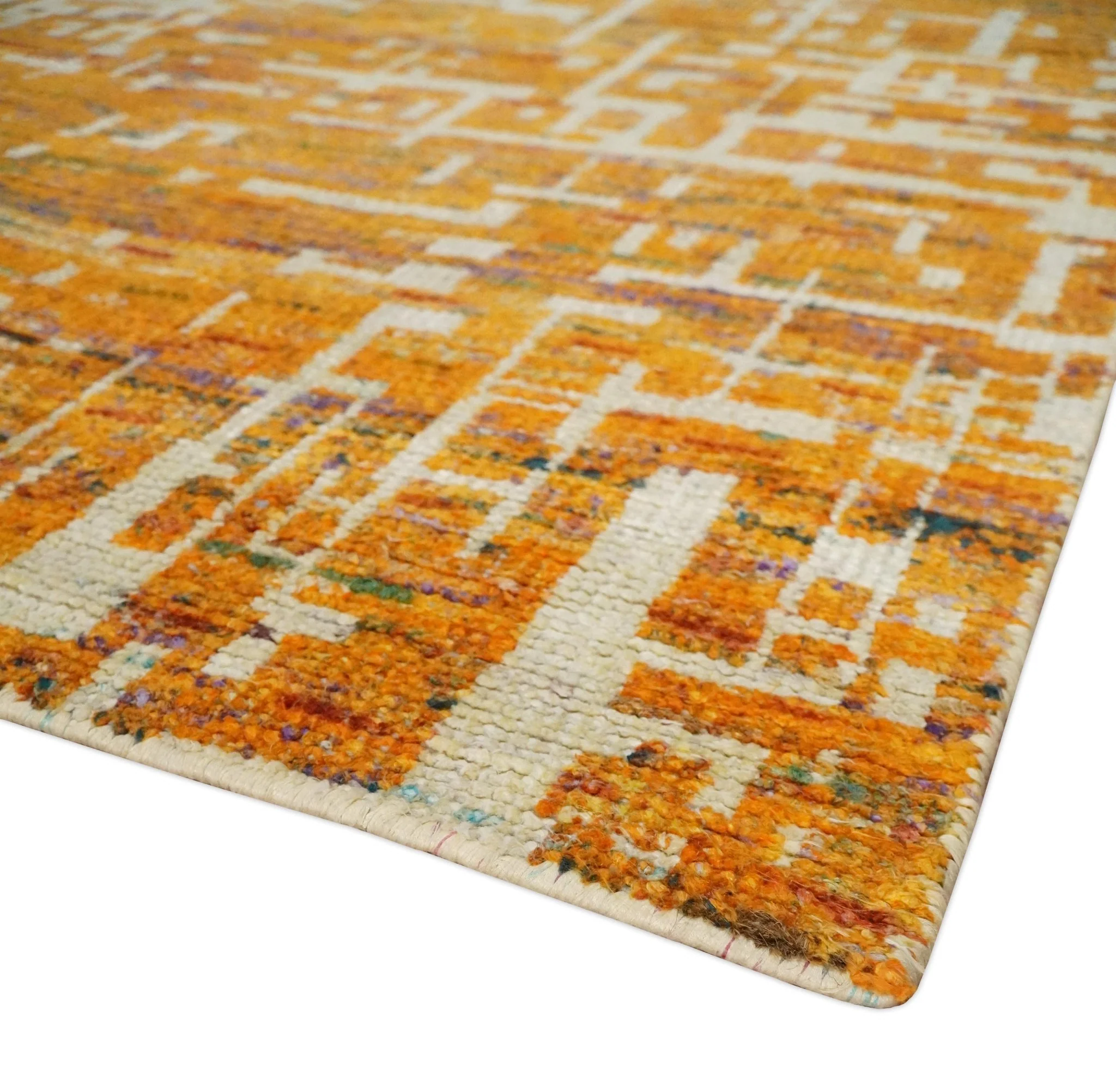 5x8 and 6x9 Gold, Rust and Ivory Modern Abstract Recycled Silk Rug - Image 5