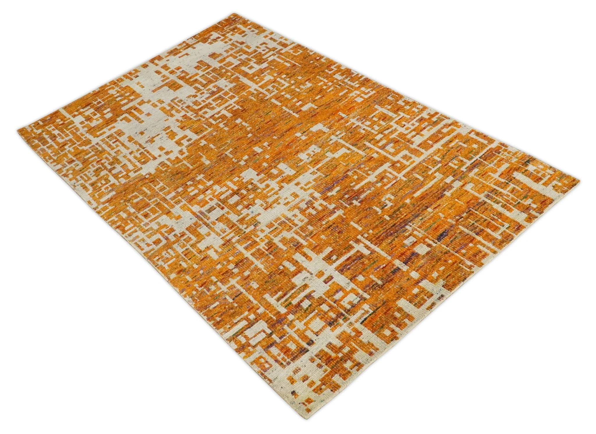 5x8 and 6x9 Gold, Rust and Ivory Modern Abstract Recycled Silk Rug - Image 8