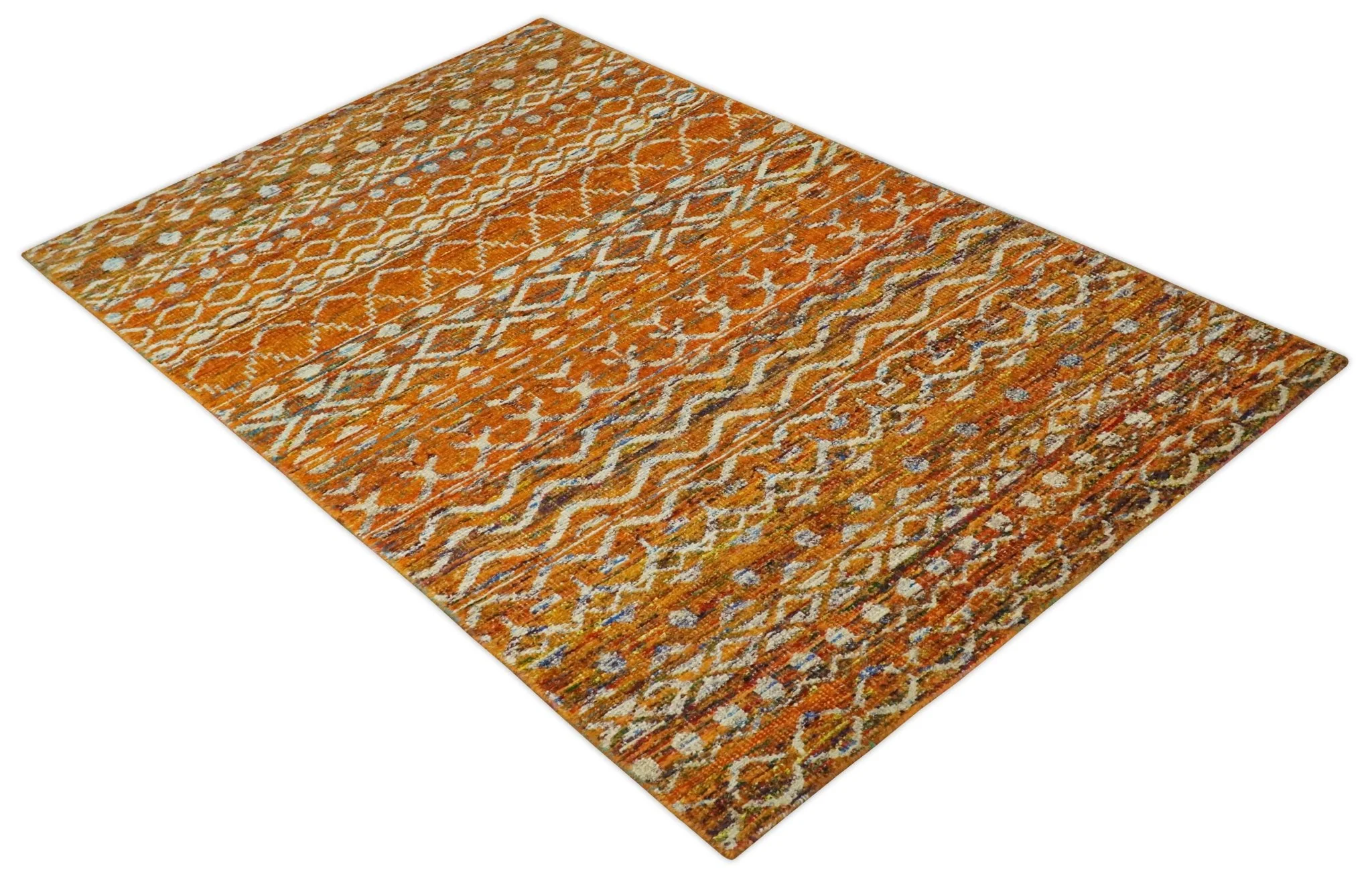Hand Knotted Gold, Rust and Ivory Modern Contemporary Tribal Trellis Recycled Silk Area Rug - Image 10