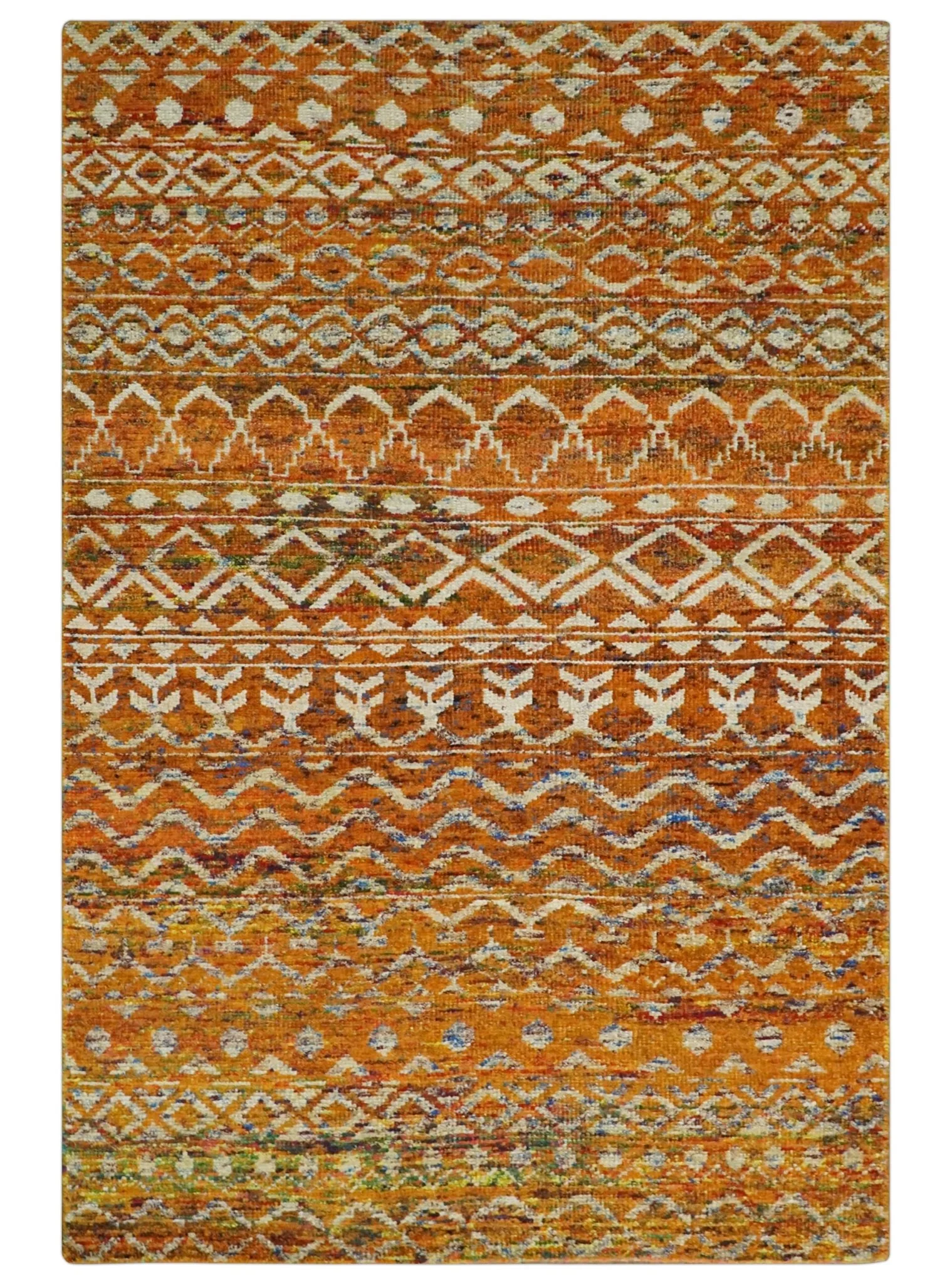 Hand Knotted Gold, Rust and Ivory Modern Contemporary Tribal Trellis Recycled Silk Area Rug - Image 11