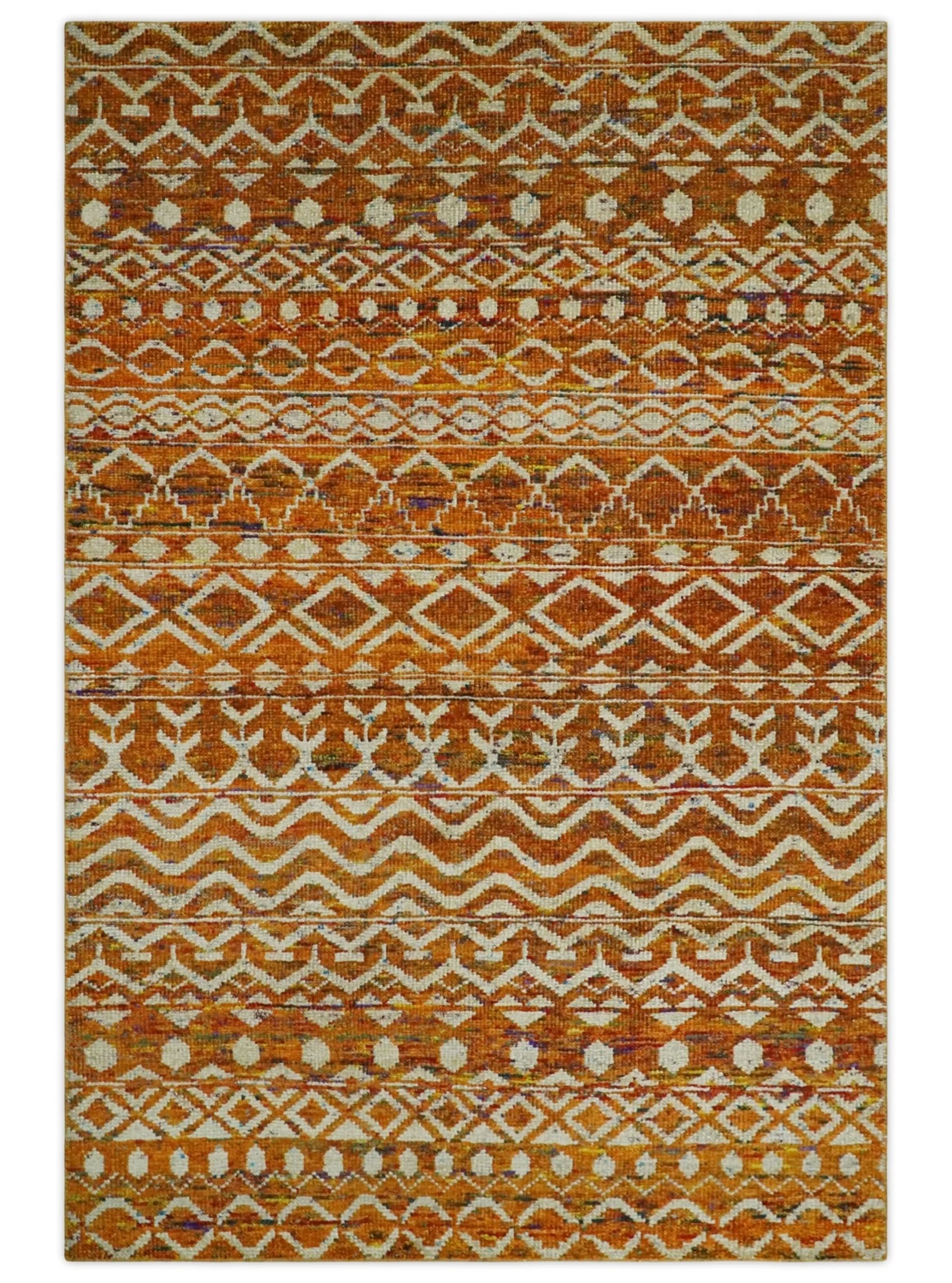 Hand Knotted Gold, Rust and Ivory Modern Contemporary Tribal Trellis Recycled Silk Area Rug - Image 12