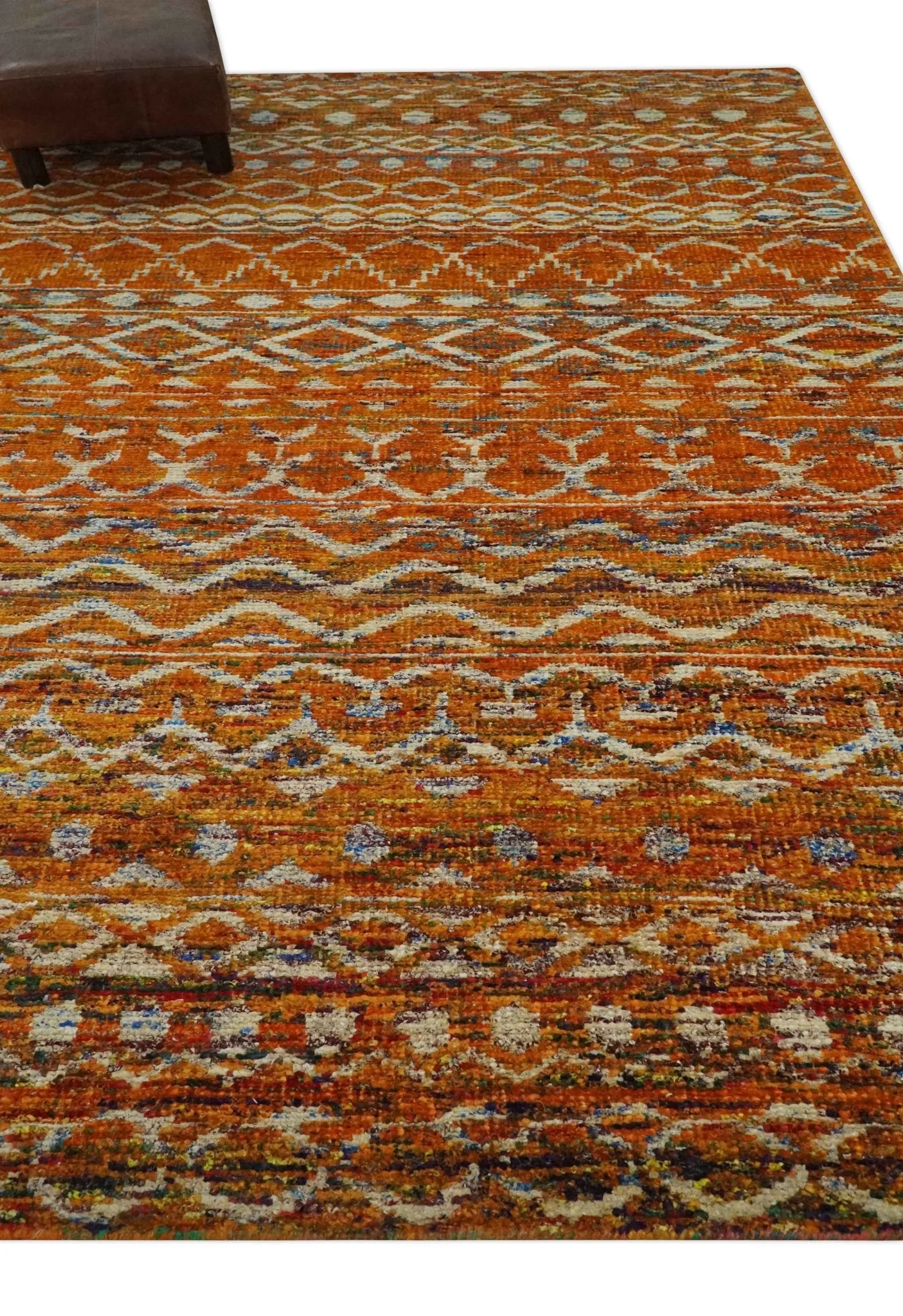 Hand Knotted Gold, Rust and Ivory Modern Contemporary Tribal Trellis Recycled Silk Area Rug - Image 3