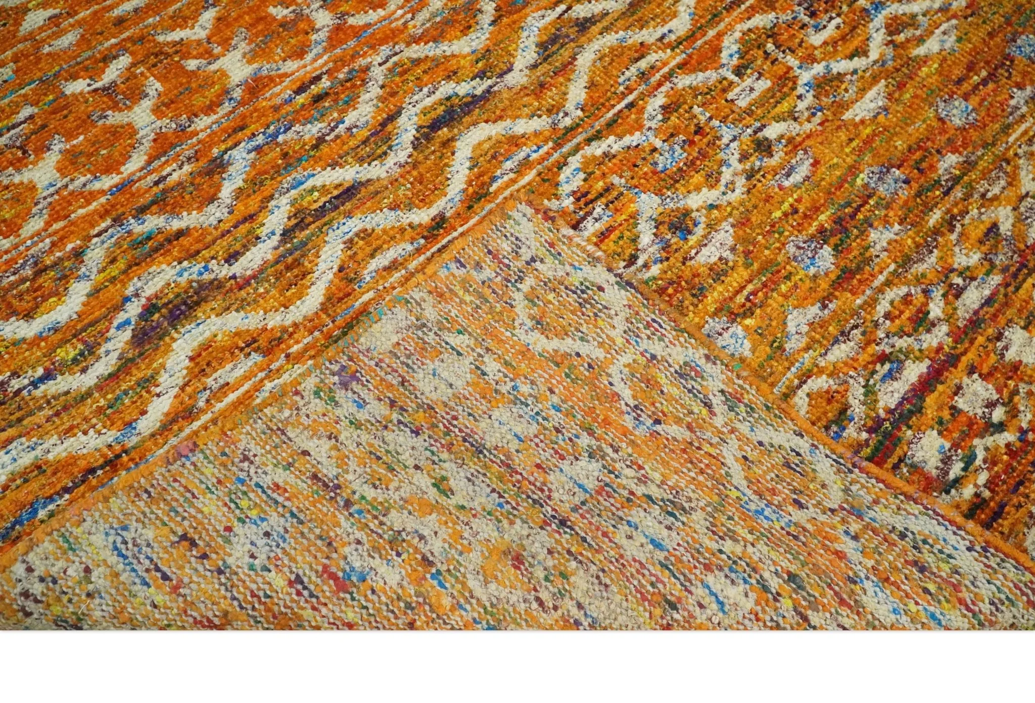 Hand Knotted Gold, Rust and Ivory Modern Contemporary Tribal Trellis Recycled Silk Area Rug - Image 7
