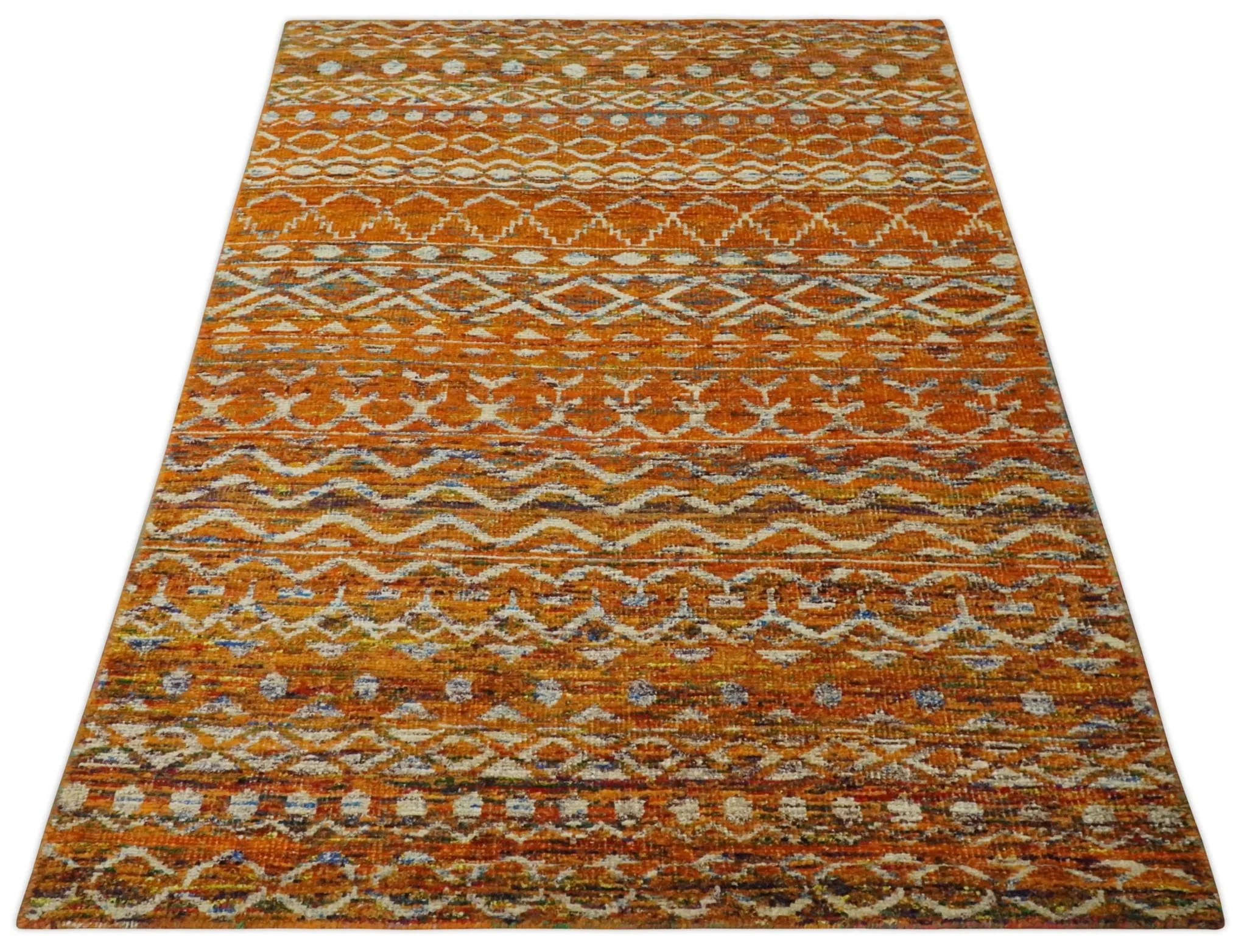 Hand Knotted Gold, Rust and Ivory Modern Contemporary Tribal Trellis Recycled Silk Area Rug - Image 9