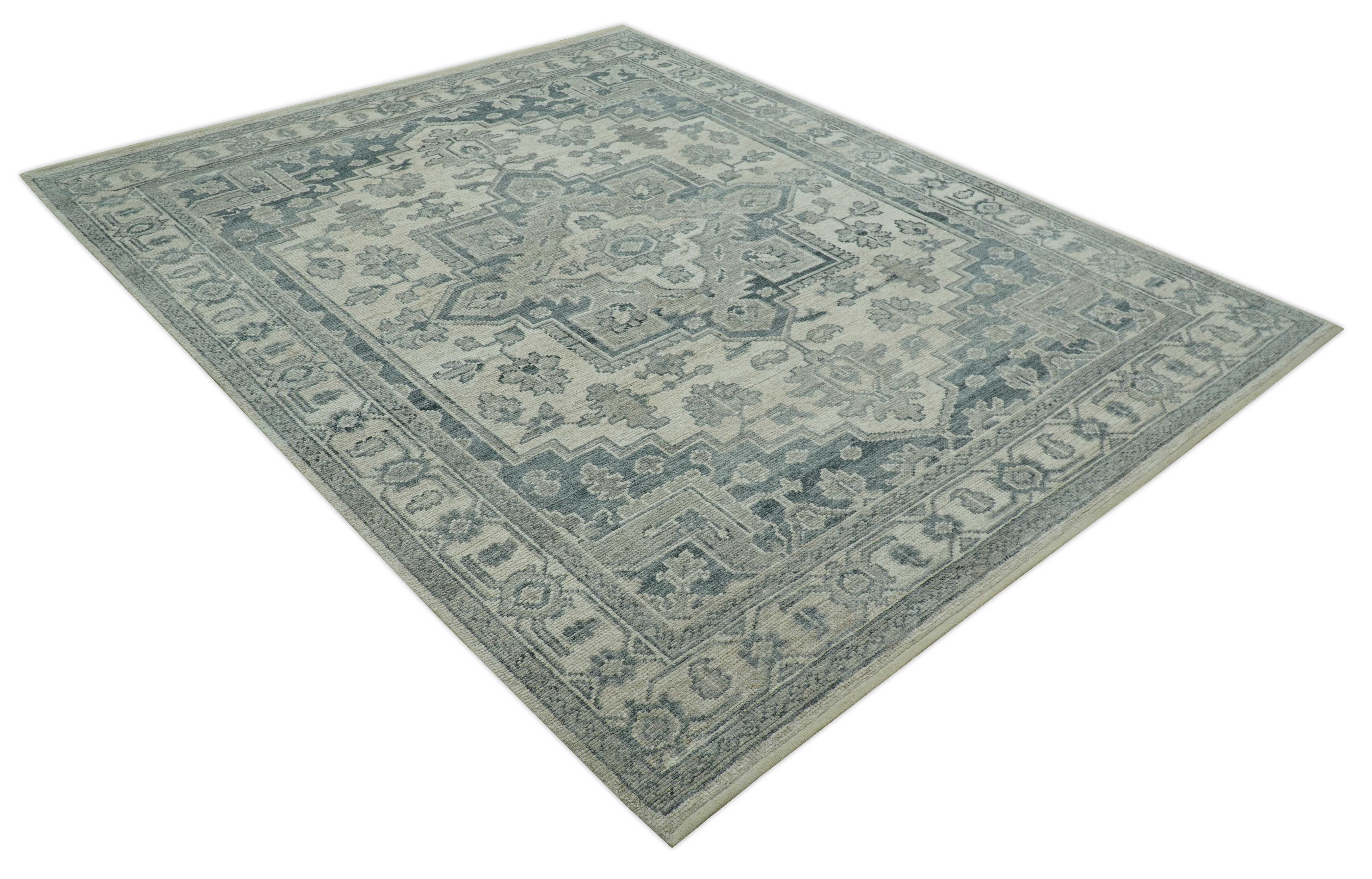 Gray And Beige Turkish Design Hand Knotted Custom Made Wool And Linen Rug - Image 10