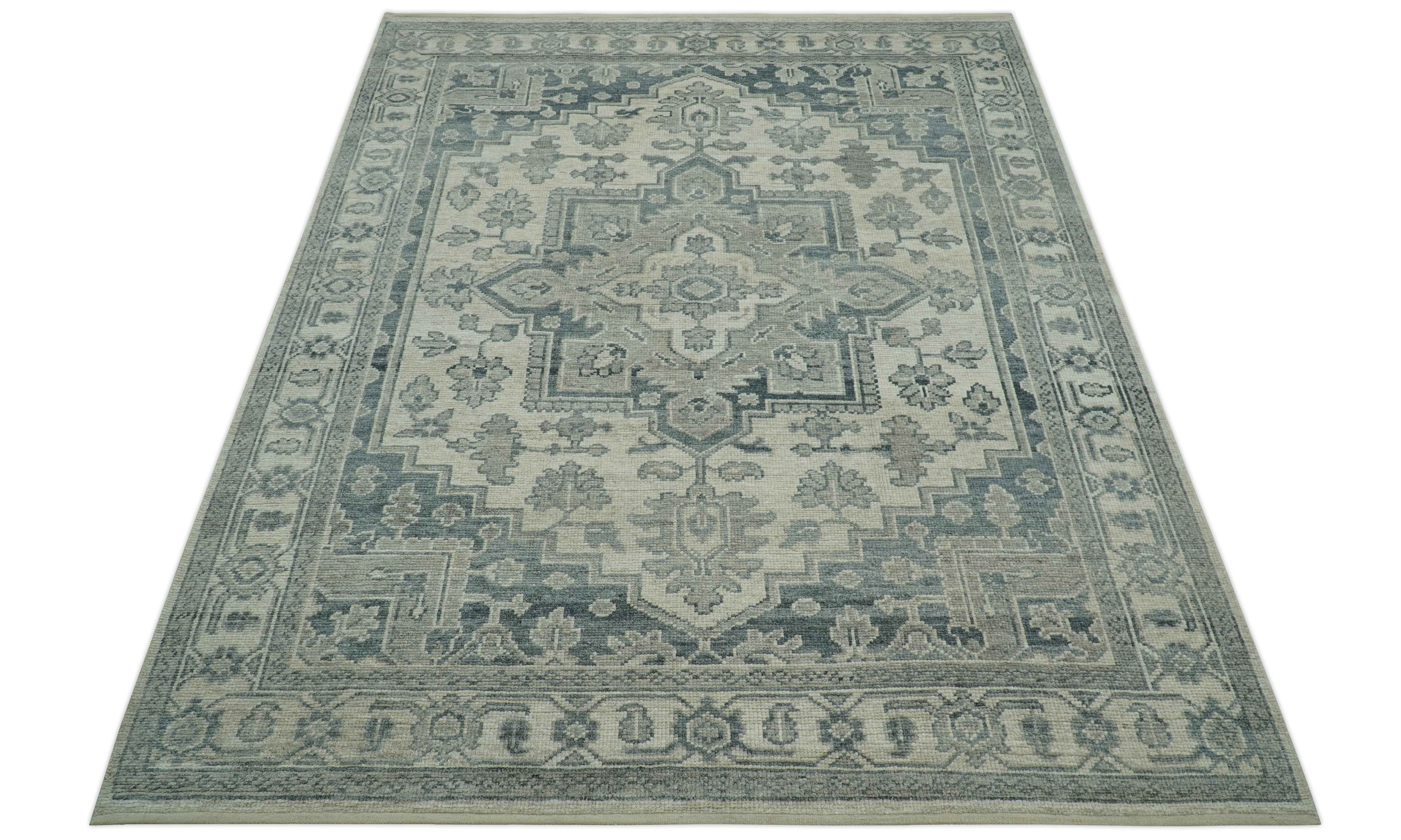 Gray And Beige Turkish Design Hand Knotted Custom Made Wool And Linen Rug - Image 11