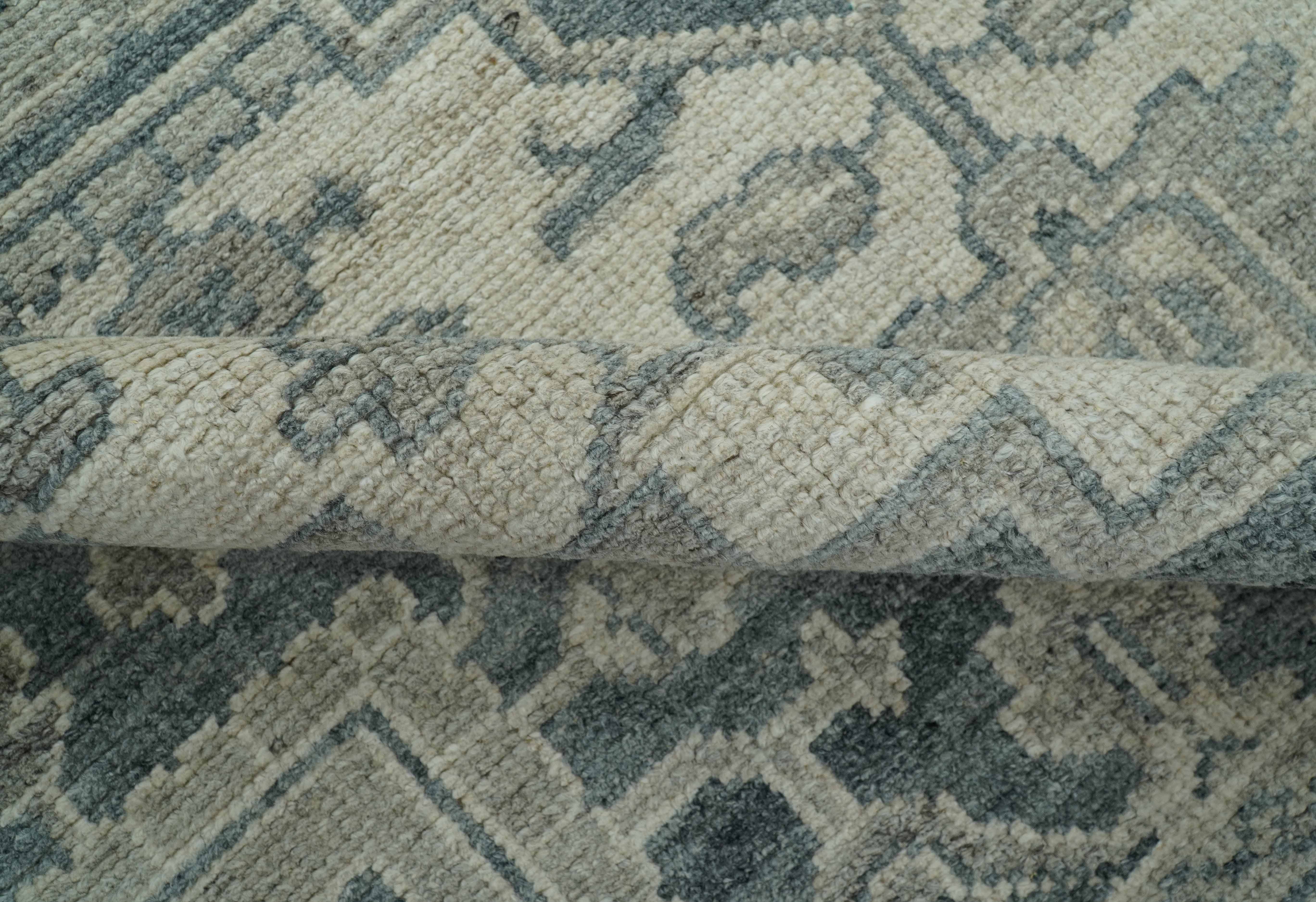 Gray And Beige Turkish Design Hand Knotted Custom Made Wool And Linen Rug - Image 7