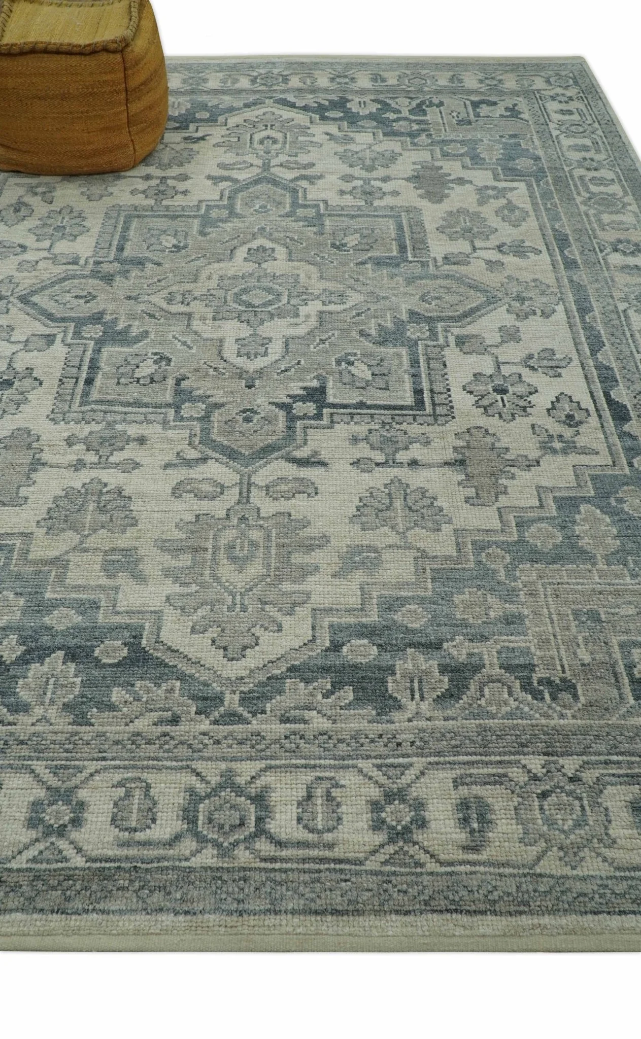 Gray And Beige Turkish Design Hand Knotted Custom Made Wool And Linen Rug - Image 9