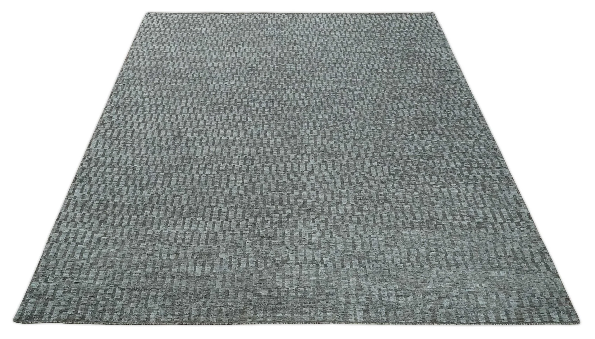 Gray and Charcoal Geometrical Bricks Design Hand carved Texture Hand Knotted 10x14 Wool and Silk Area Rug - Image 10