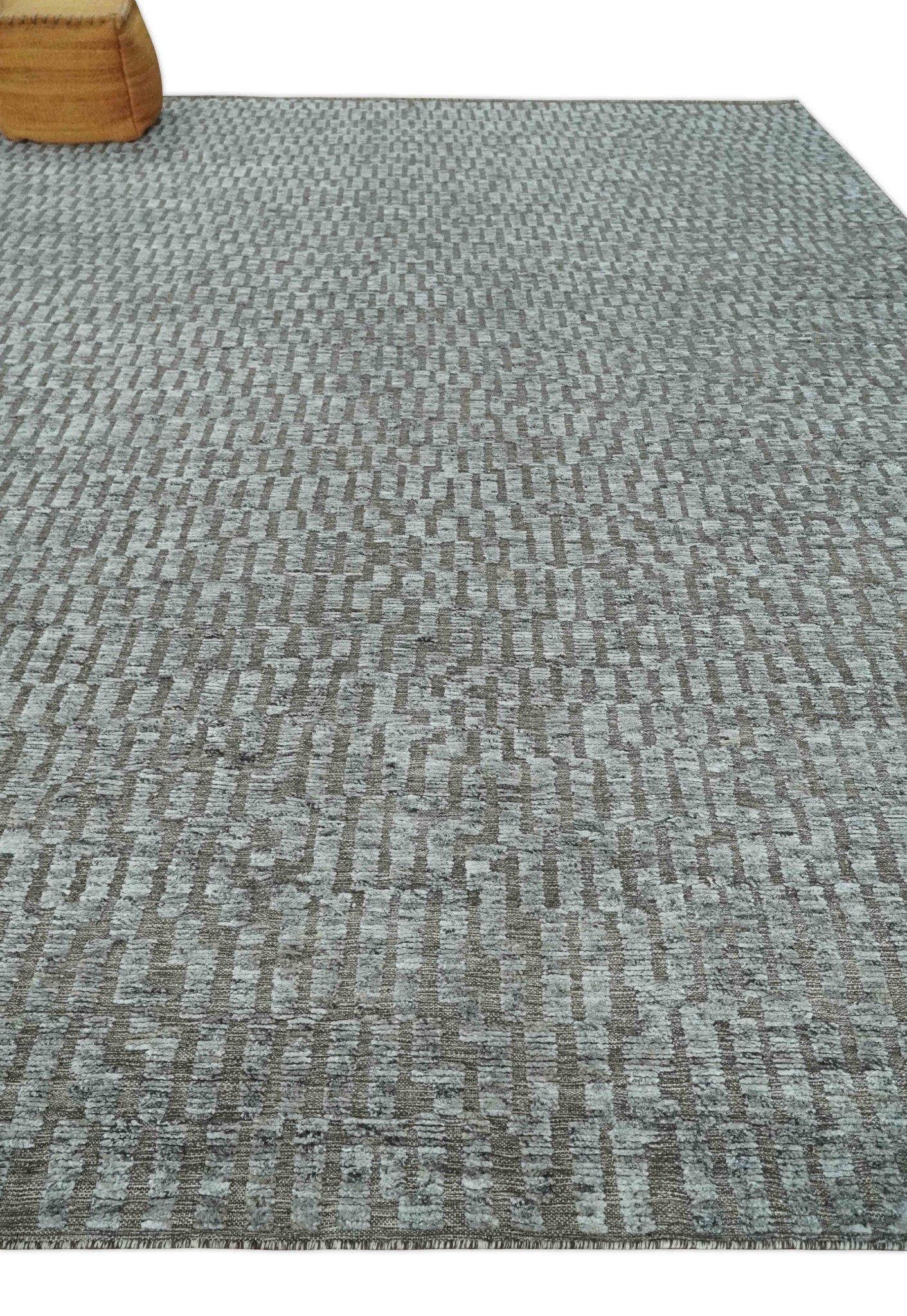 Gray and Charcoal Geometrical Bricks Design Hand carved Texture Hand Knotted 10x14 Wool and Silk Area Rug - Image 3