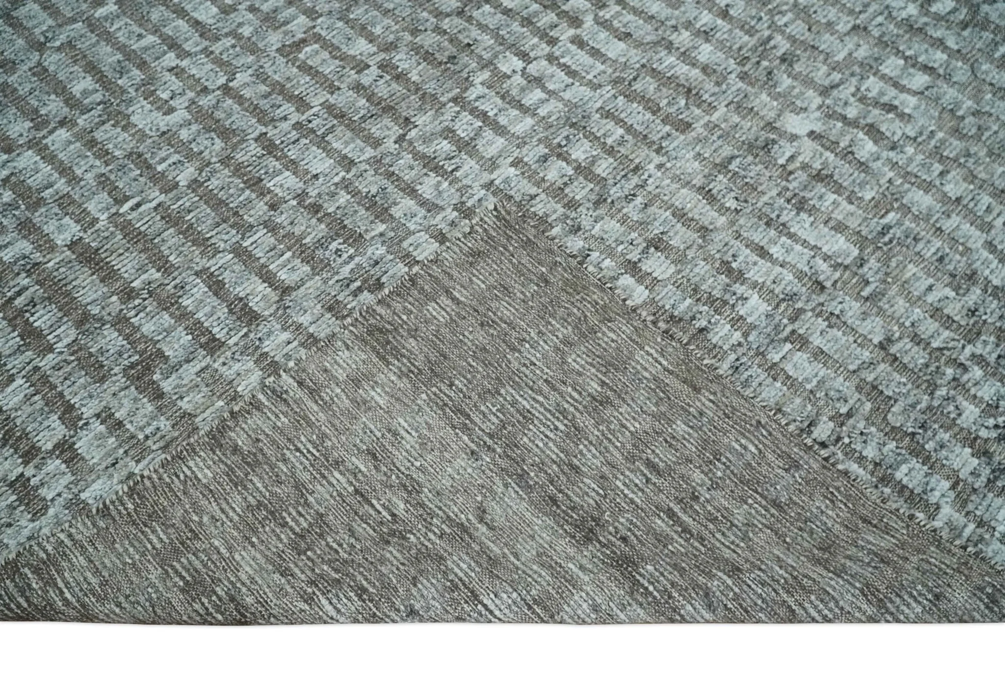 Gray and Charcoal Geometrical Bricks Design Hand carved Texture Hand Knotted 10x14 Wool and Silk Area Rug - Image 6