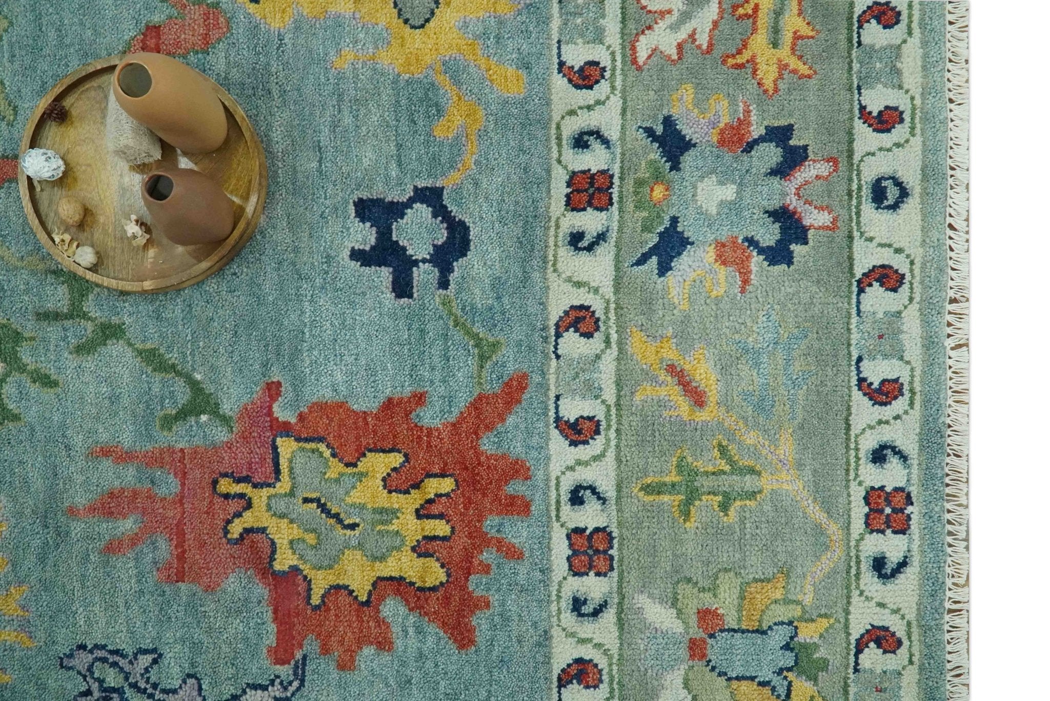 Vibrant Colorful 8x10 Gray and green Hand Knotted Traditional Oushak wool rug - Image 10